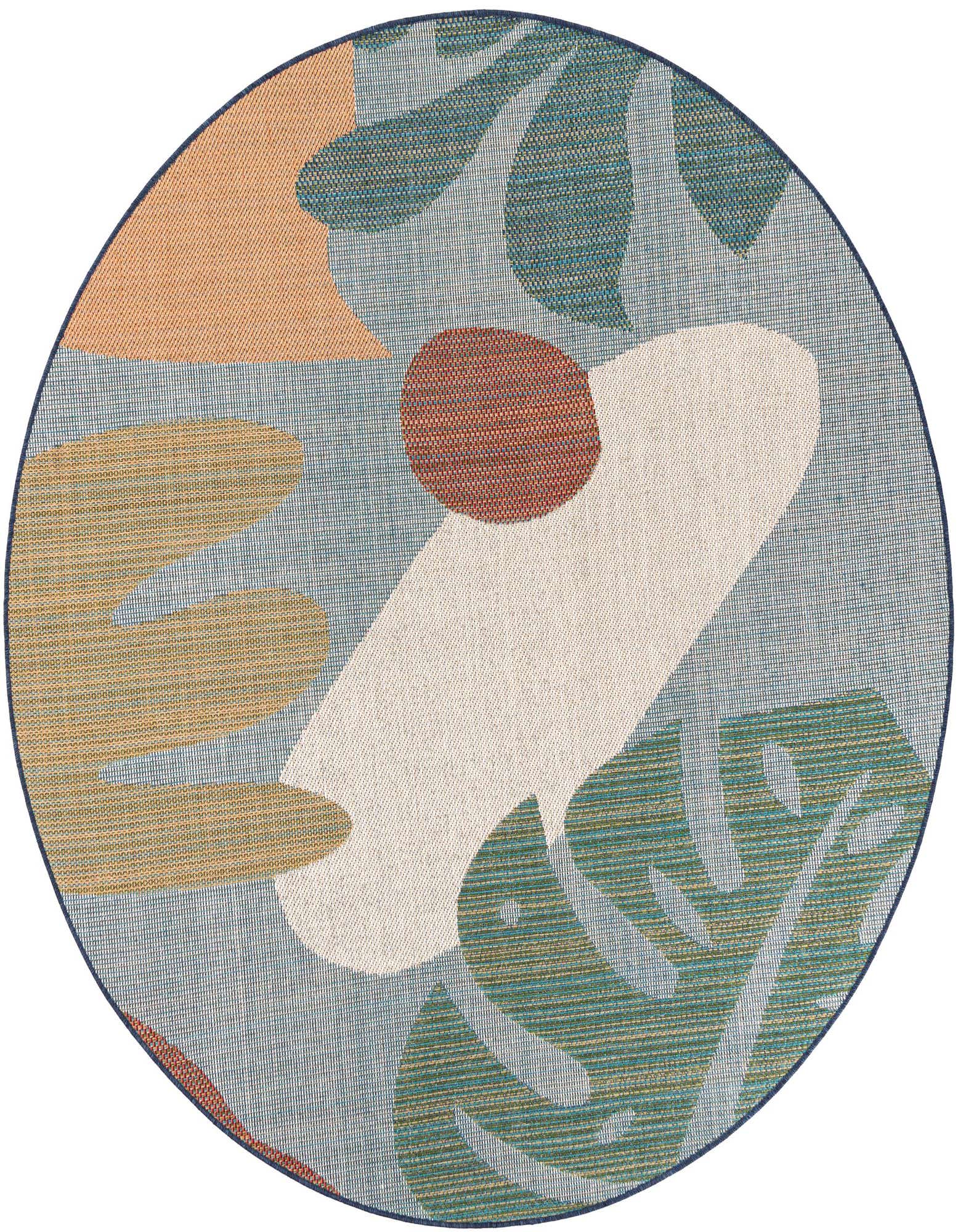 A round Baja Outdoor rug with a modern floral pattern in shades of blue, orange, and green.