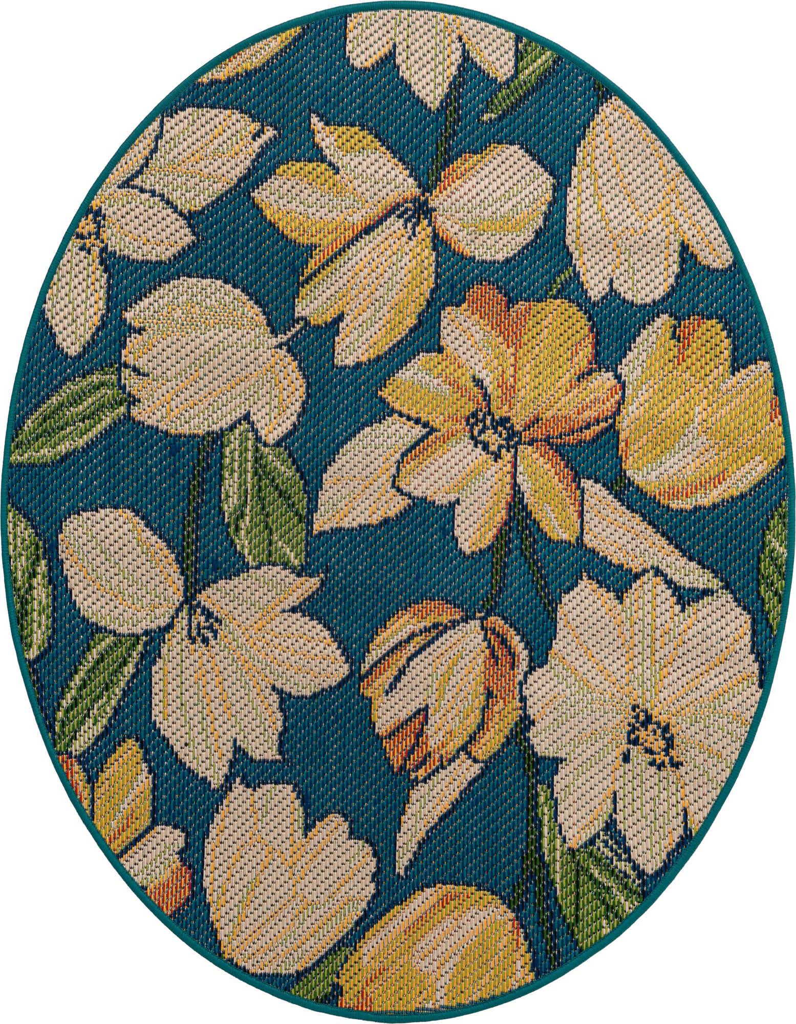 A 4' round blue indoor/outdoor rug with a modern floral pattern featuring large yellow and orange flowers and green leaves.