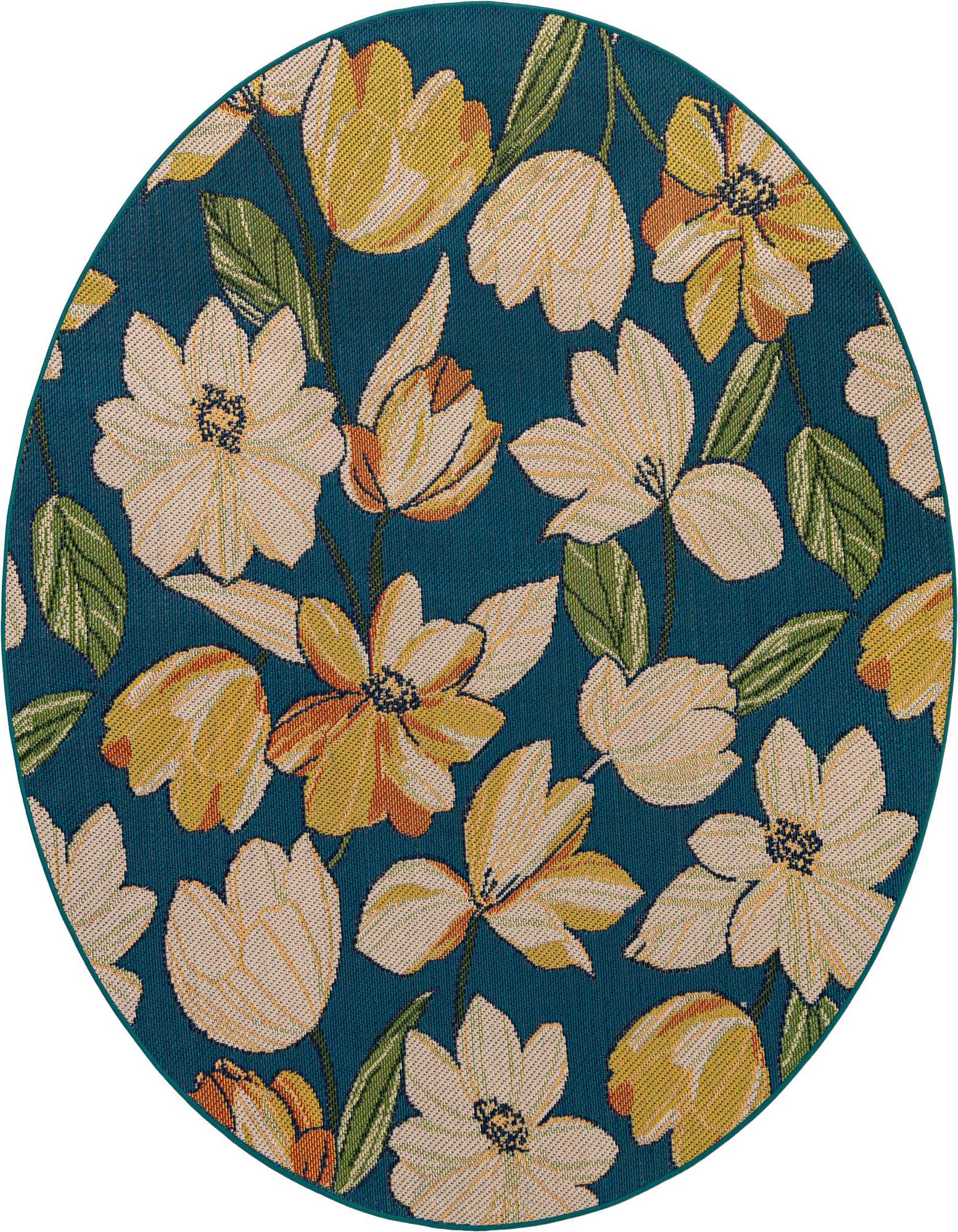 A round, blue outdoor rug with a modern floral pattern featuring yellow, cream, and orange flowers with green leaves.