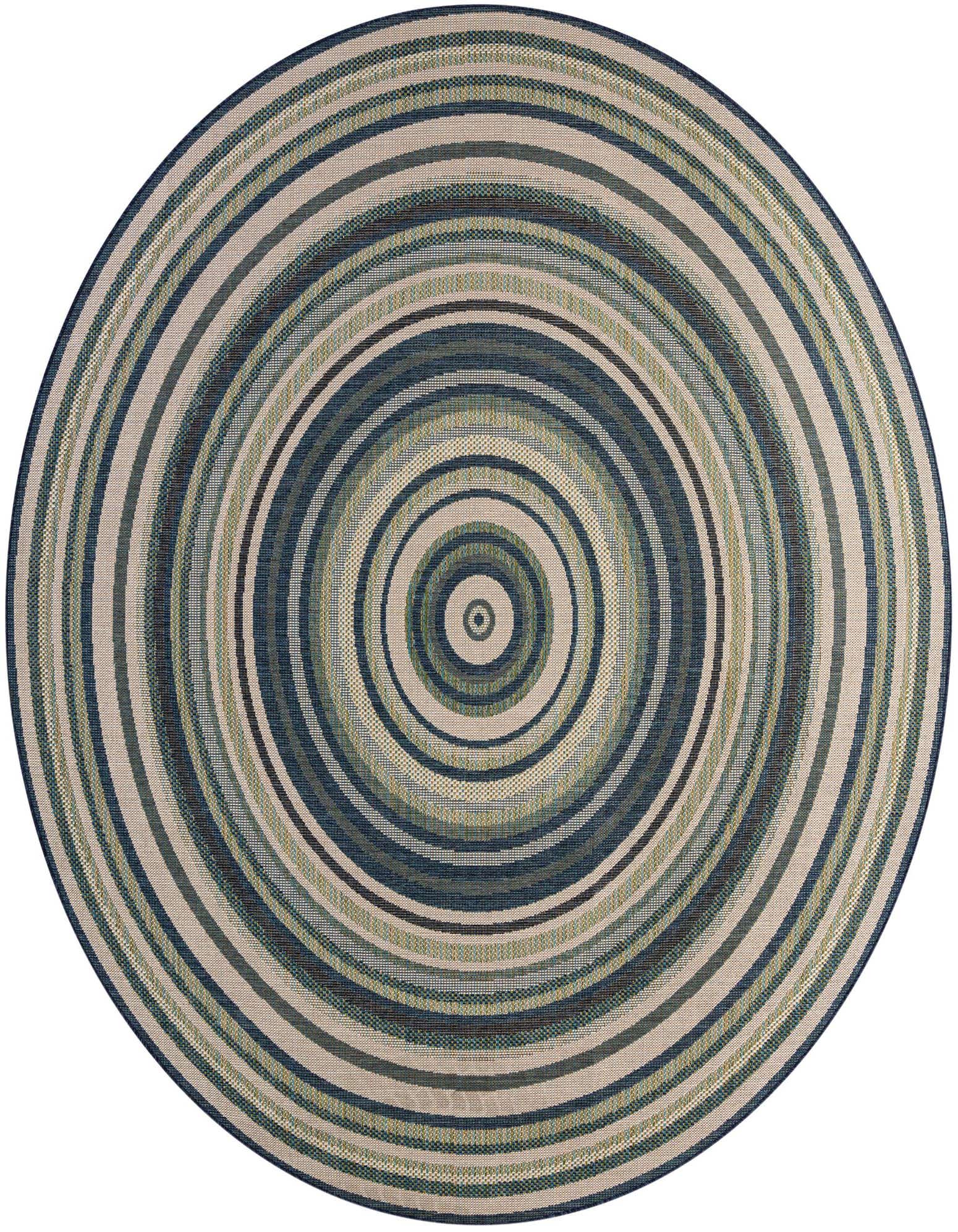 A 10-foot round Baja Outdoor rug with concentric blue, green, and beige stripes, ideal for a patio.