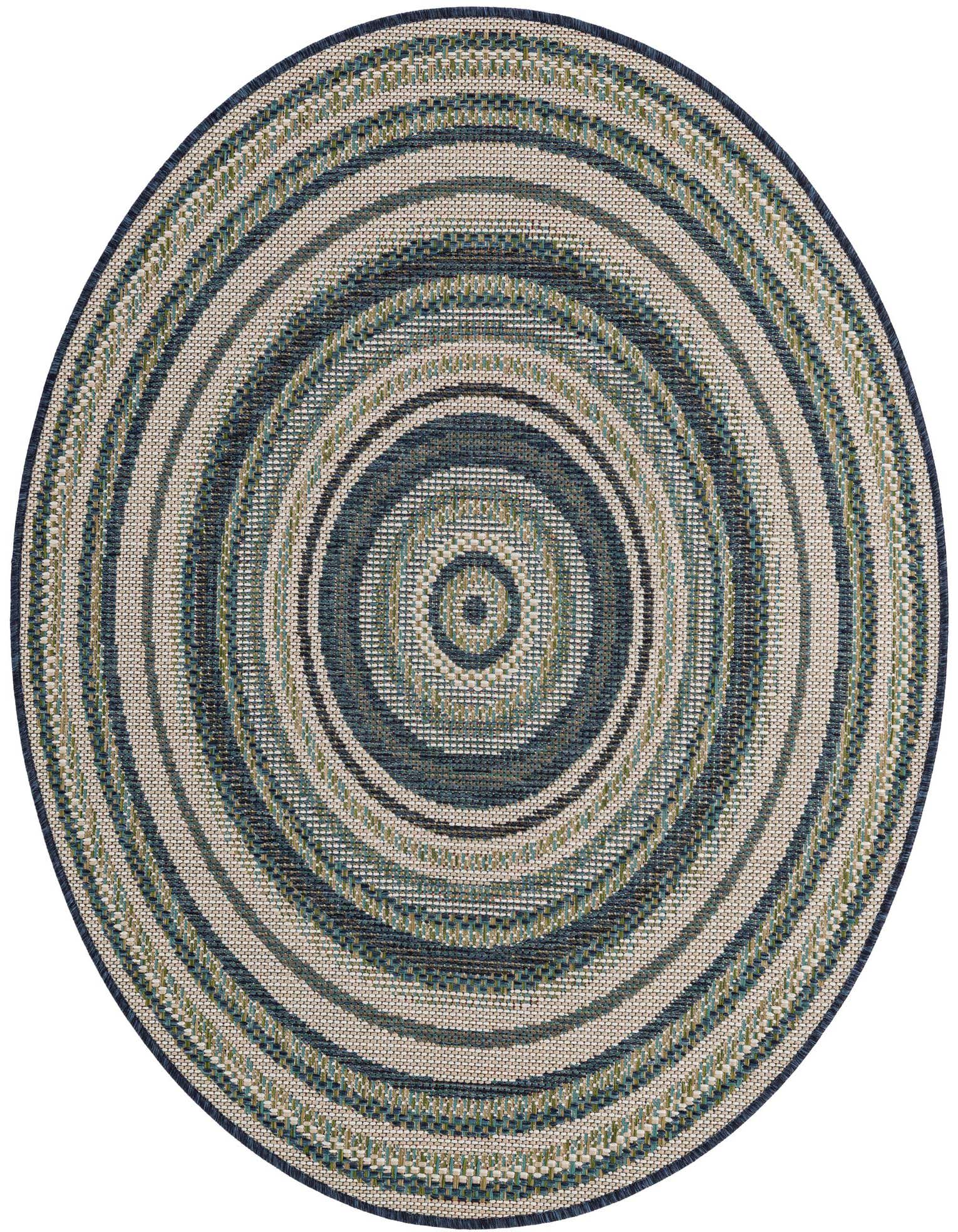 A round Baja Outdoor rug by Rugs.com, 4' 0 x 4' 0, featuring concentric blue, green, and beige stripes in a modern flatweave pattern.