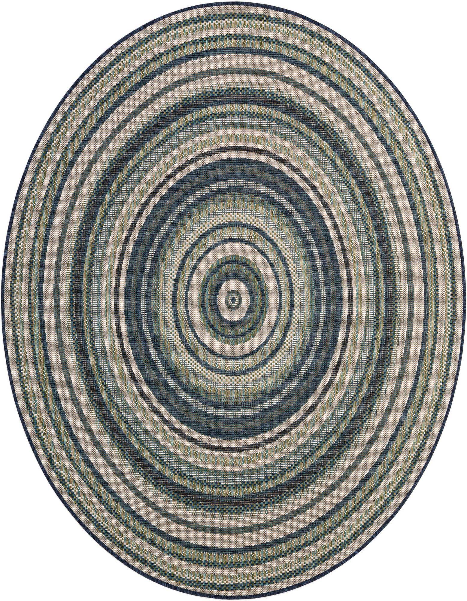 A 6' round Baja Outdoor rug by Rugs.com featuring concentric blue and beige stripes, ideal for a patio.