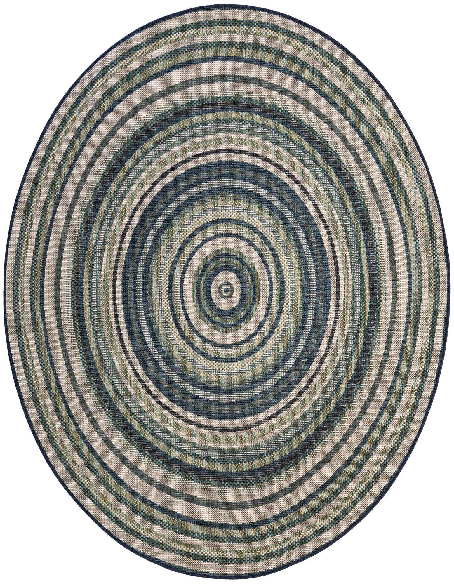A 7' round Baja Outdoor rug with concentric blue, green, and beige stripes, ideal for a patio.