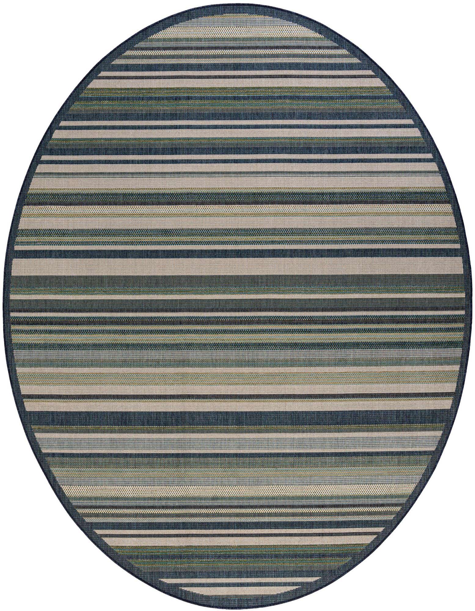 A 10-foot round Baja Outdoor rug with modern blue, green, and beige stripes, suitable for a patio.
