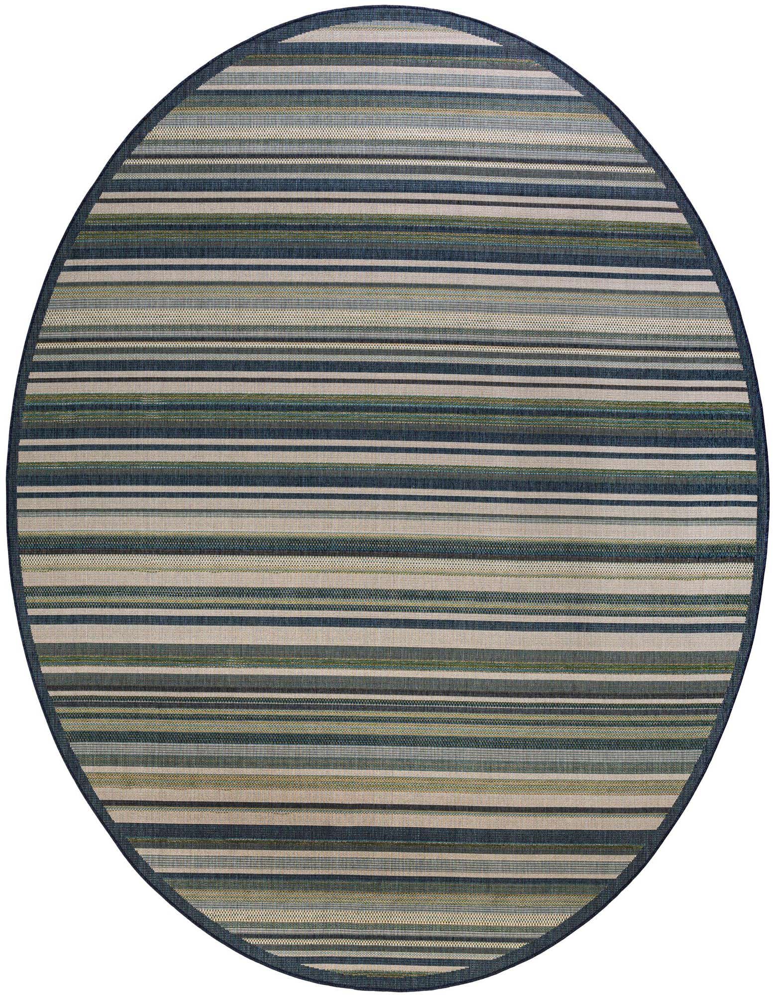 A 12' round Baja Outdoor rug by Rugs.com featuring modern blue, green, and beige stripes, ideal for a patio.