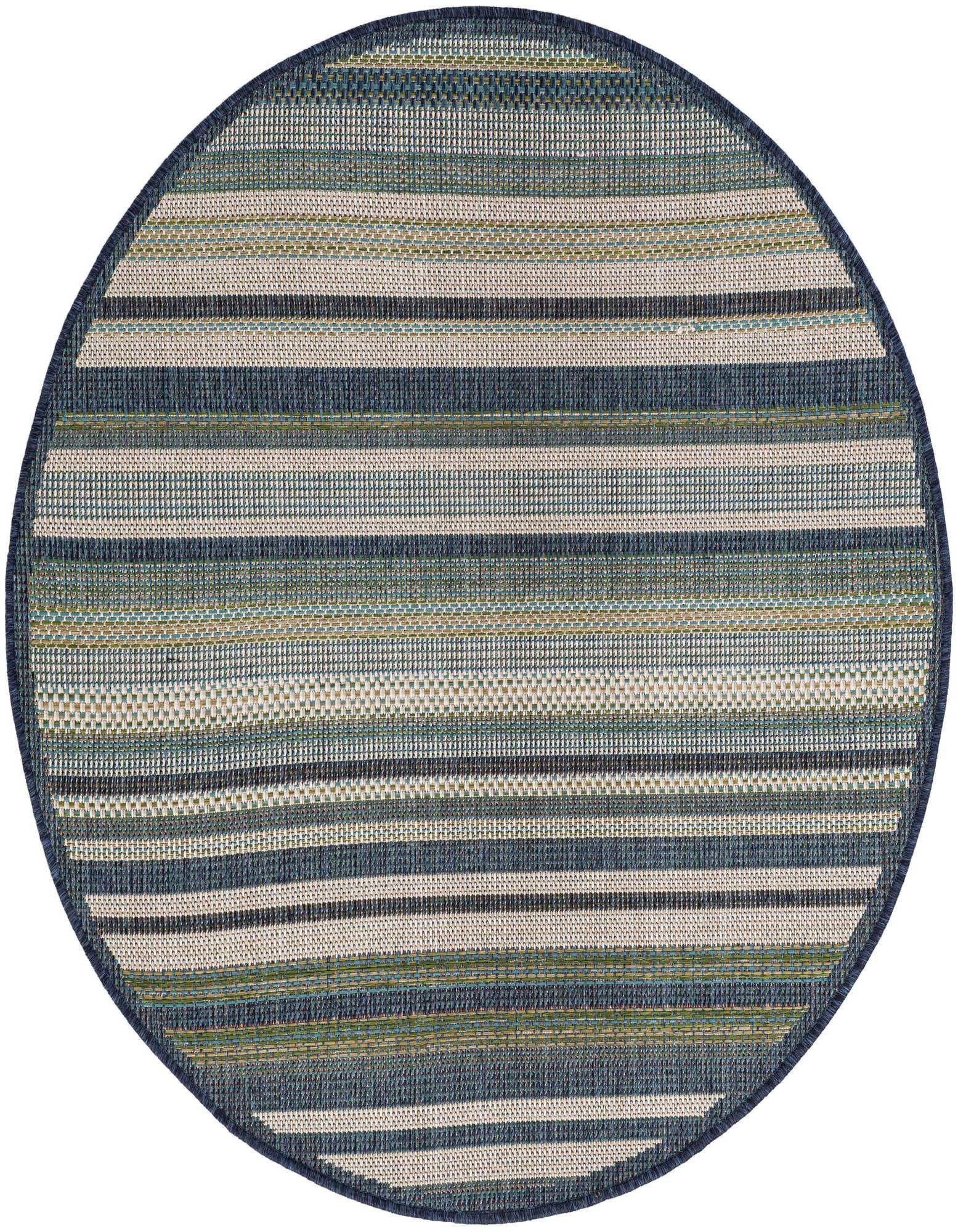 A 4' round Baja Outdoor rug by Rugs.com, featuring modern blue and green stripes, suitable for indoor/outdoor use.
