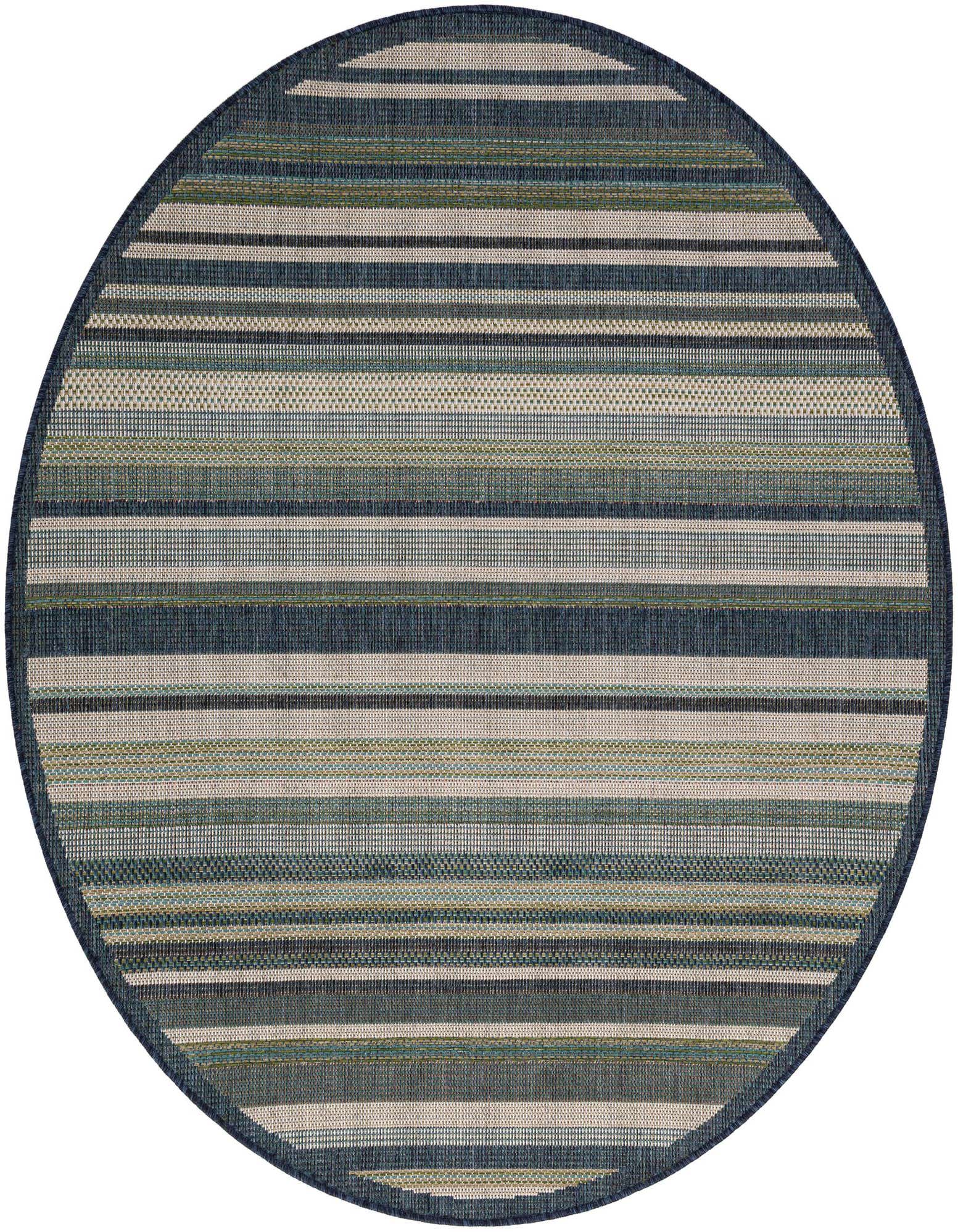 A 6' round blue, green, and beige striped flatweave rug, ideal for a patio or indoor space.