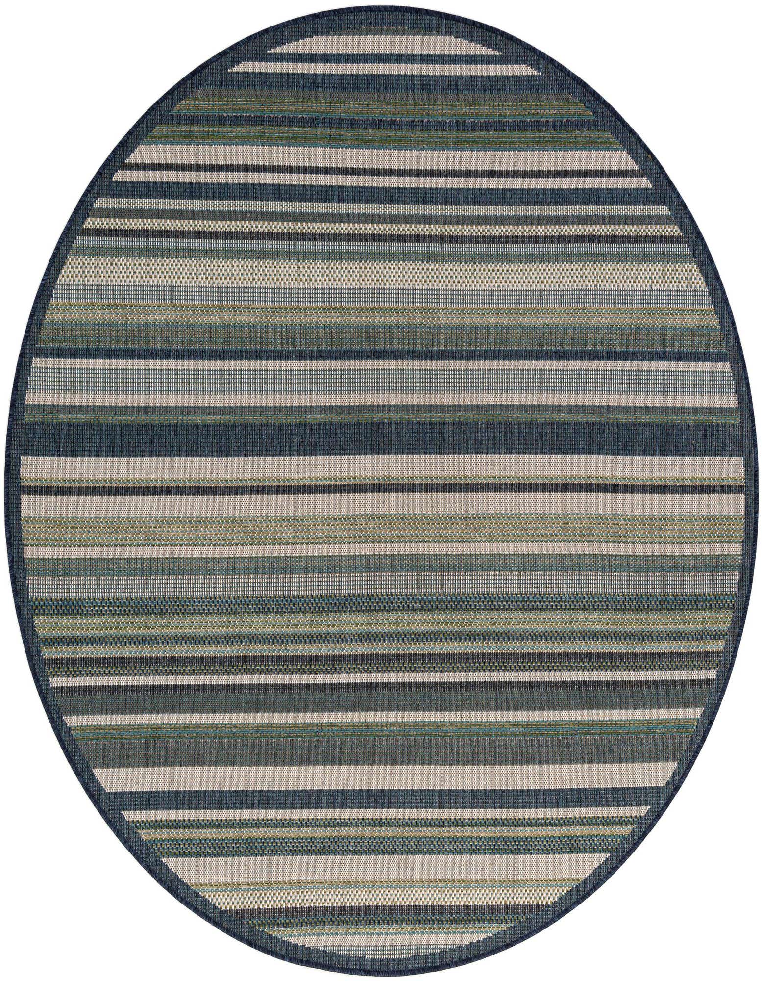 A 7' round Baja Outdoor rug by Rugs.com featuring modern blue, green, and beige stripes, perfect for a patio.