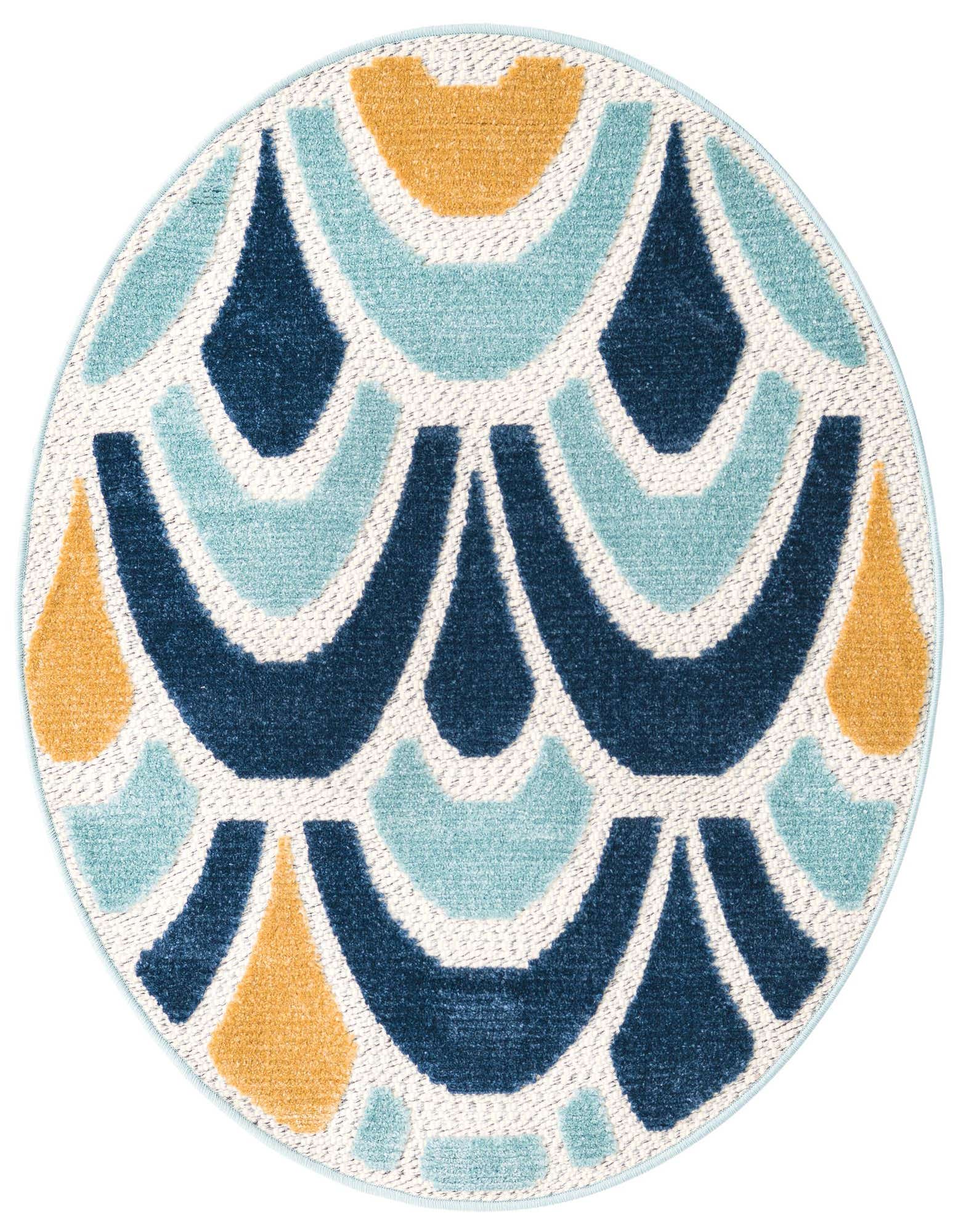A 3' 3 x 3' 3 round indoor/outdoor rug with a modern trellis pattern in shades of blue and gold on a cream background.