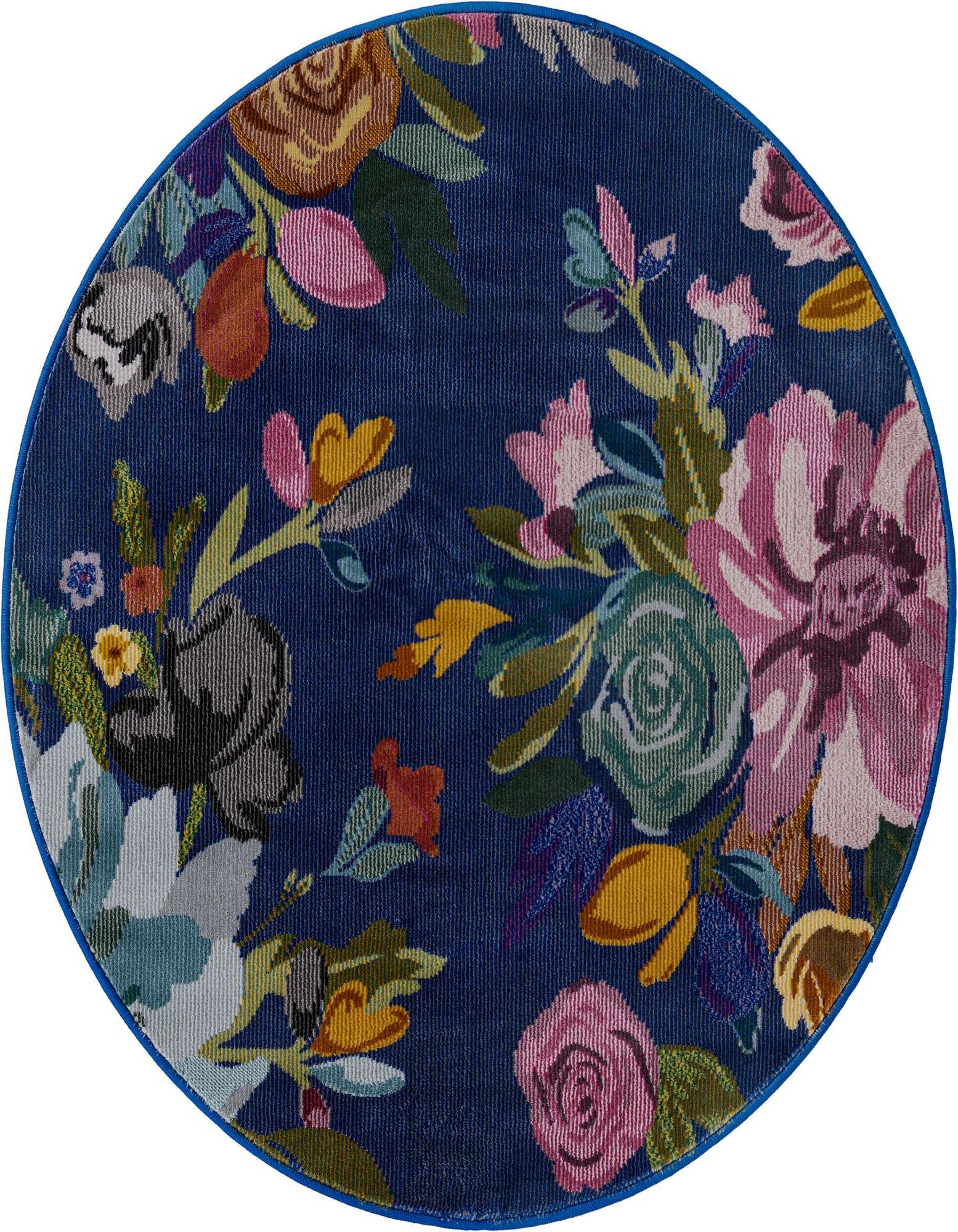 A round blue rug with a vibrant floral pattern featuring large pink, yellow, and green blossoms.