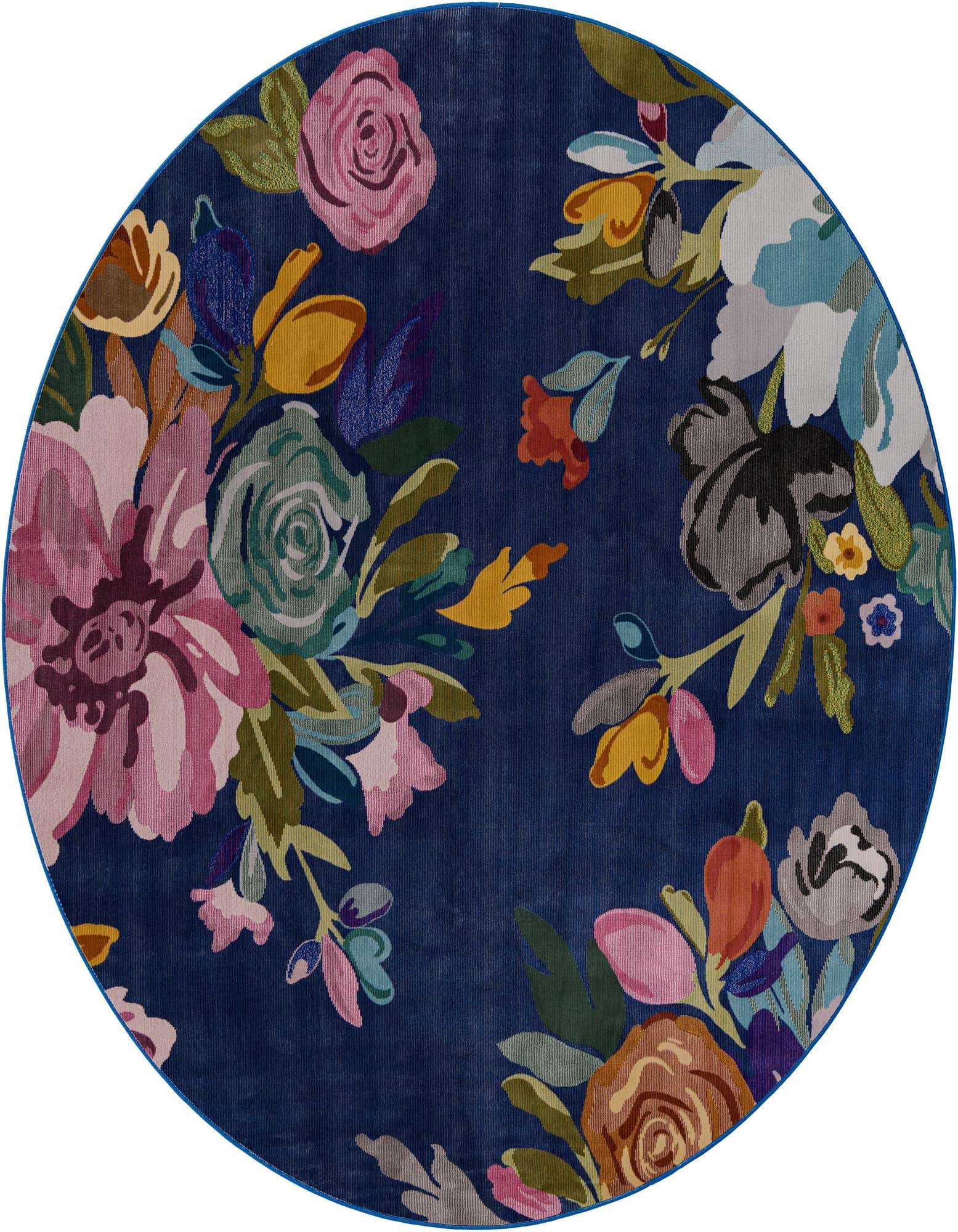 A 7' round blue rug featuring large, vibrant tropical floral patterns in pink, green, yellow, and grey.