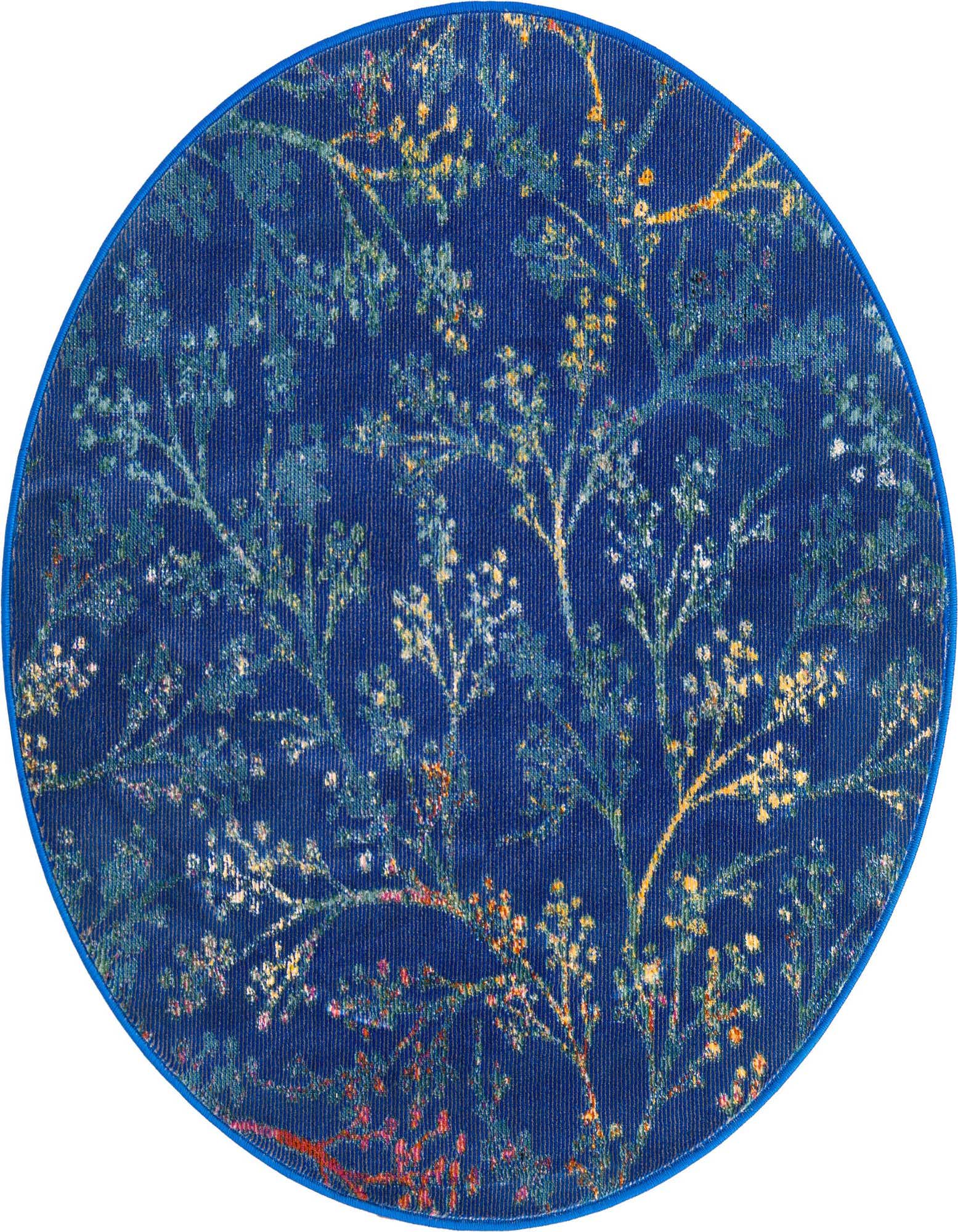 A round blue area rug with a modern floral pattern featuring light blue, yellow, and orange branches and leaves.