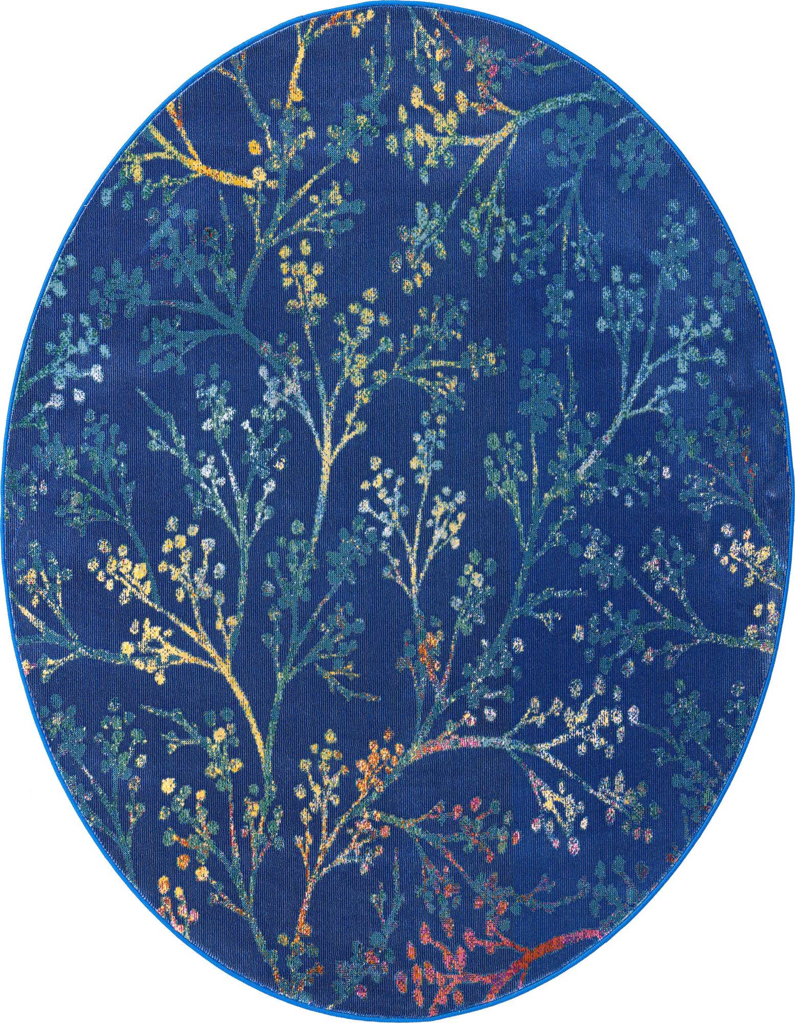 A 5' 3 round blue rug with a vibrant botanical pattern of delicate branches and small leaves in yellow, green, and orange hues.