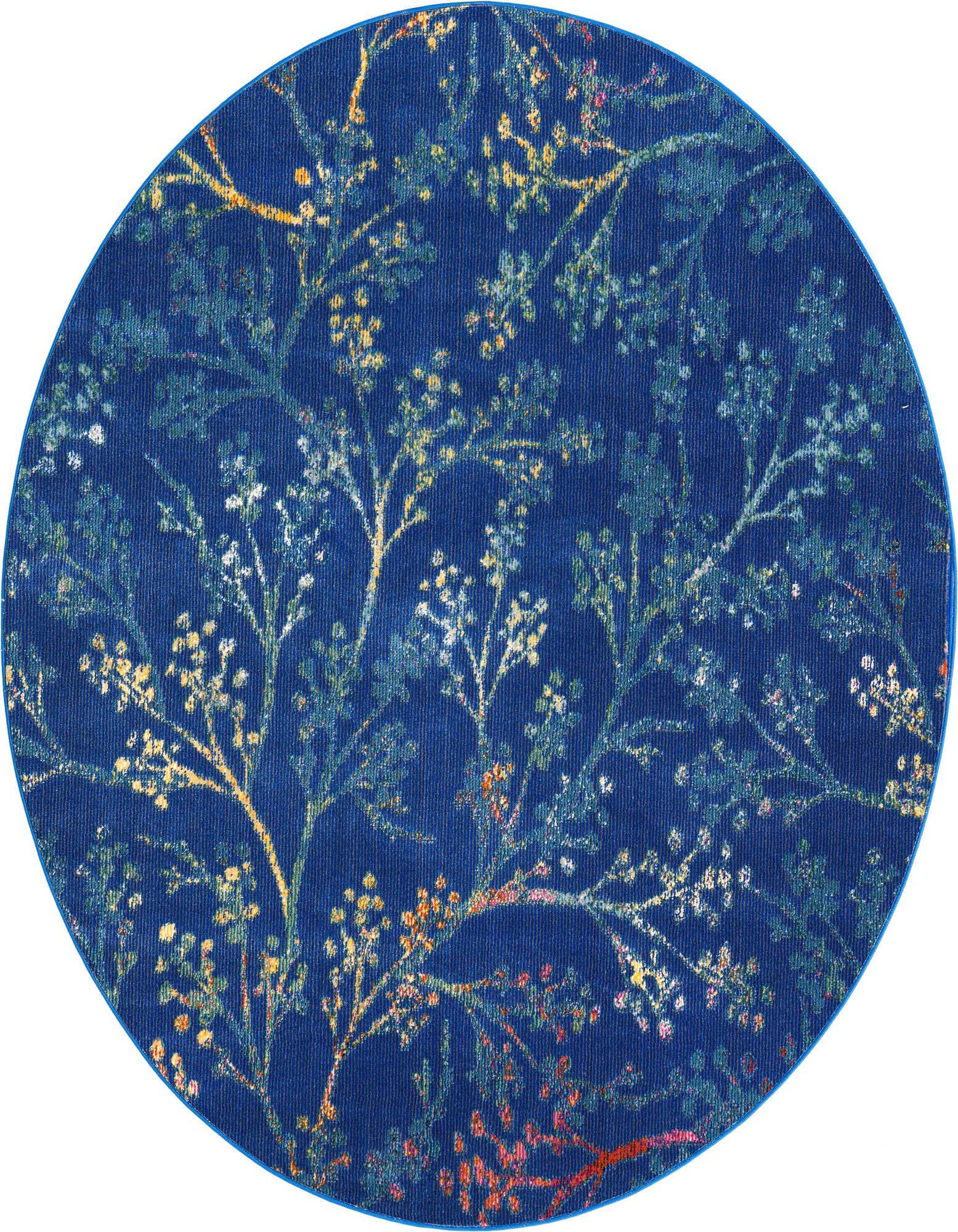 A round blue rug with a delicate botanical pattern of light blue, yellow, and orange branches and tiny blossoms.