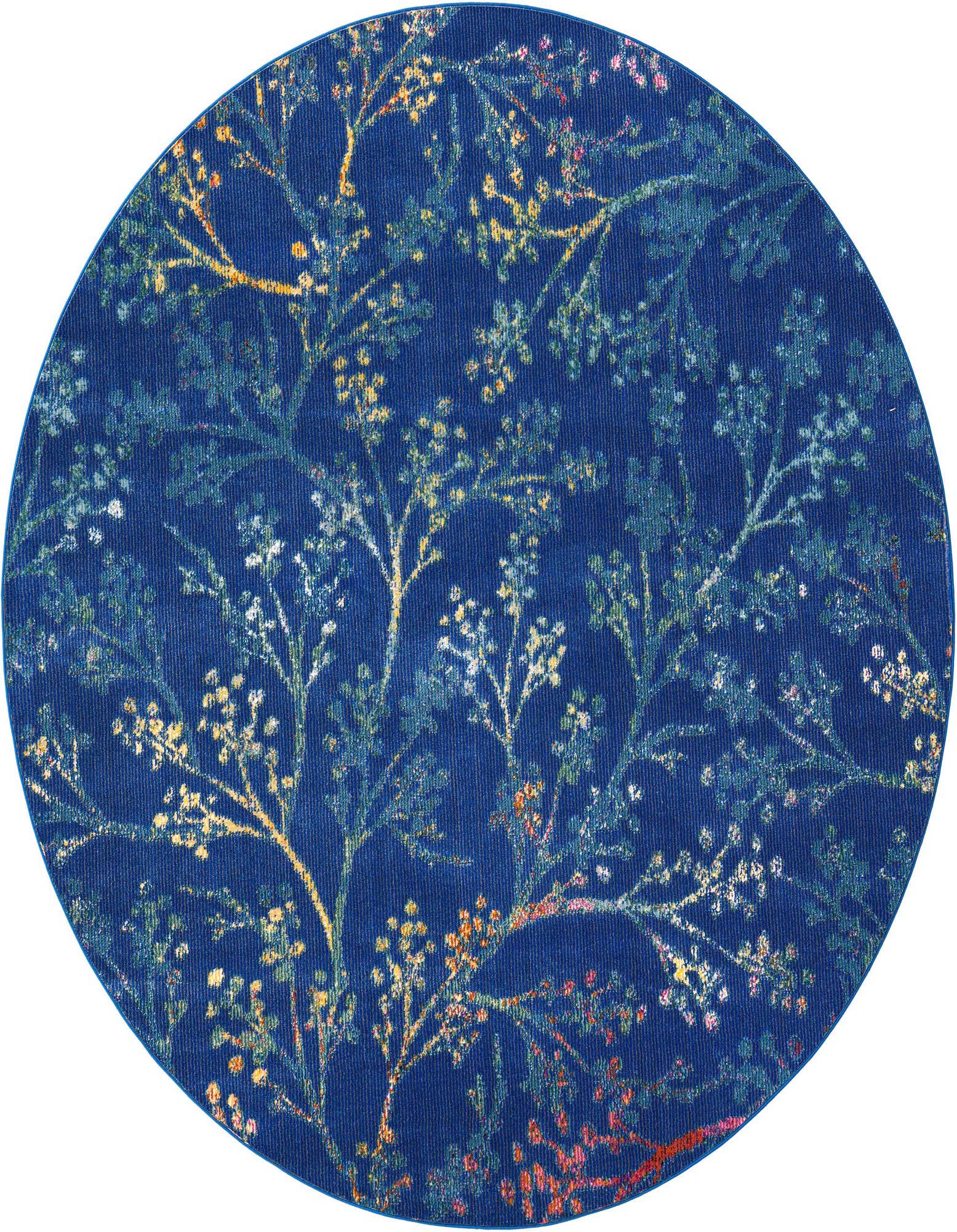 A round blue area rug with a modern floral pattern featuring light blue, yellow, and orange branches.