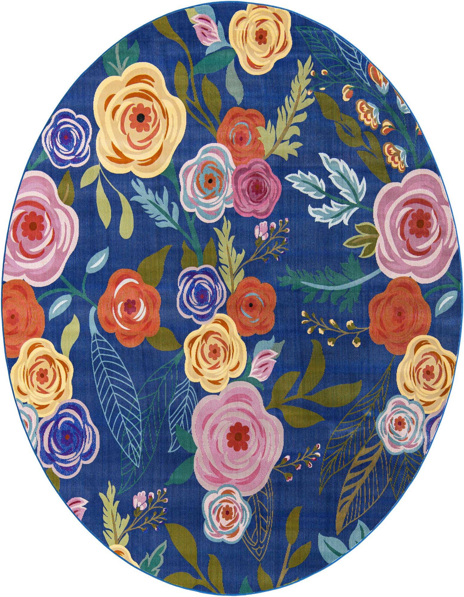 A 10-foot round blue rug with a vibrant floral pattern featuring large pink, yellow, orange, and blue flowers with green leaves.