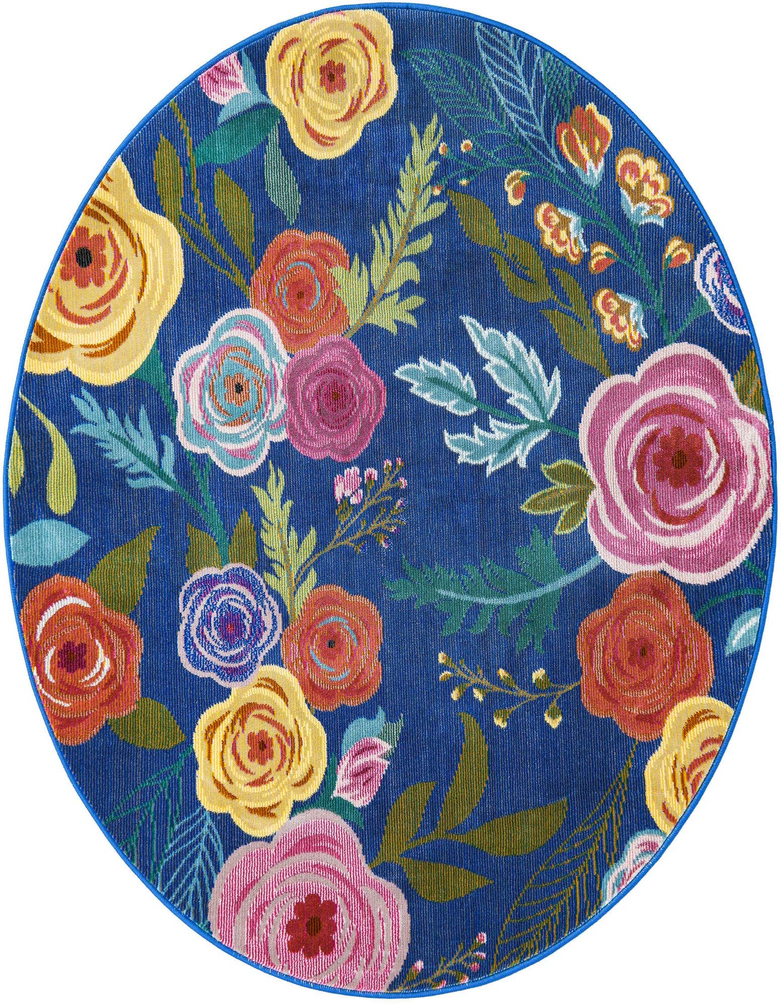 A 4' round blue rug with a vibrant modern floral pattern featuring large pink, yellow, orange, and purple flowers with green leaves.