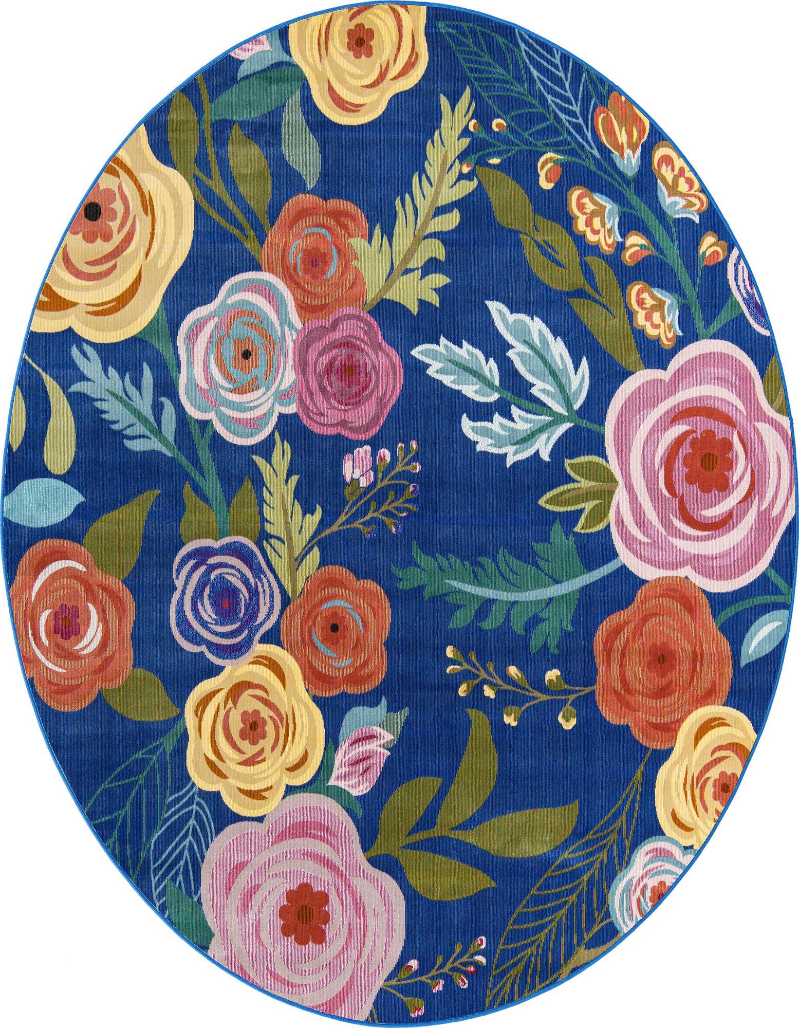 A round blue rug with a vibrant modern floral pattern featuring large pink, yellow, orange, and light blue roses with green leaves.