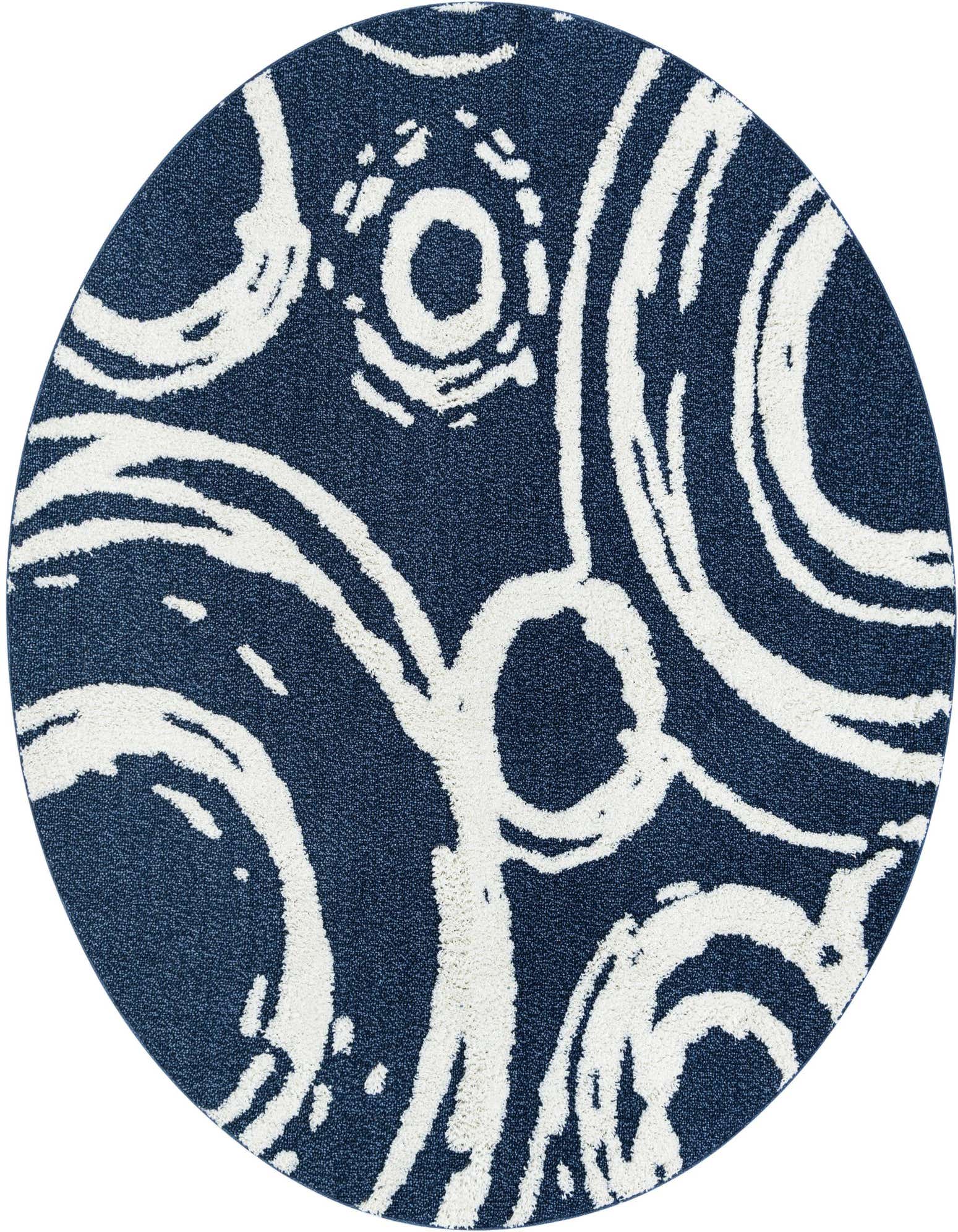 A round 7' 10" blue rug with a modern abstract white swirl and circle pattern, featuring a textured pile.