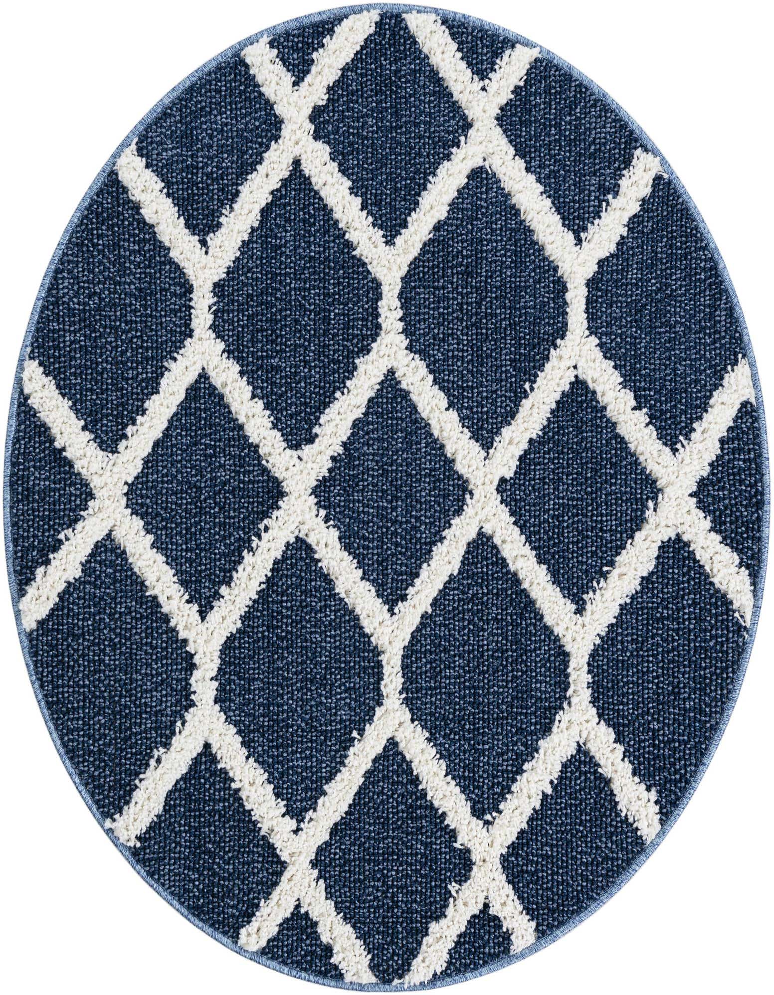 A 3' 3 round blue rug with a white modern trellis pattern, featuring a textured pile.
