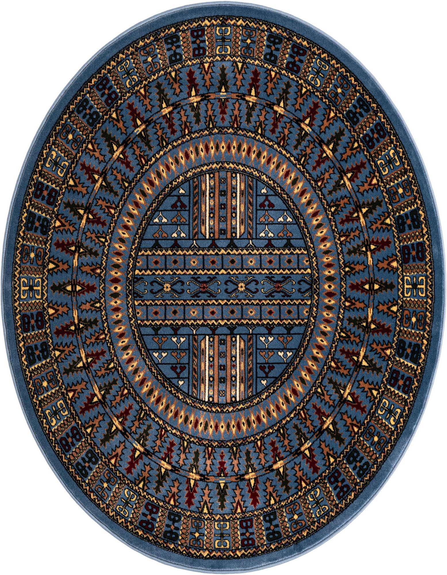 A round blue rug with a detailed, multi-colored geometric pattern in shades of red, gold, and brown.