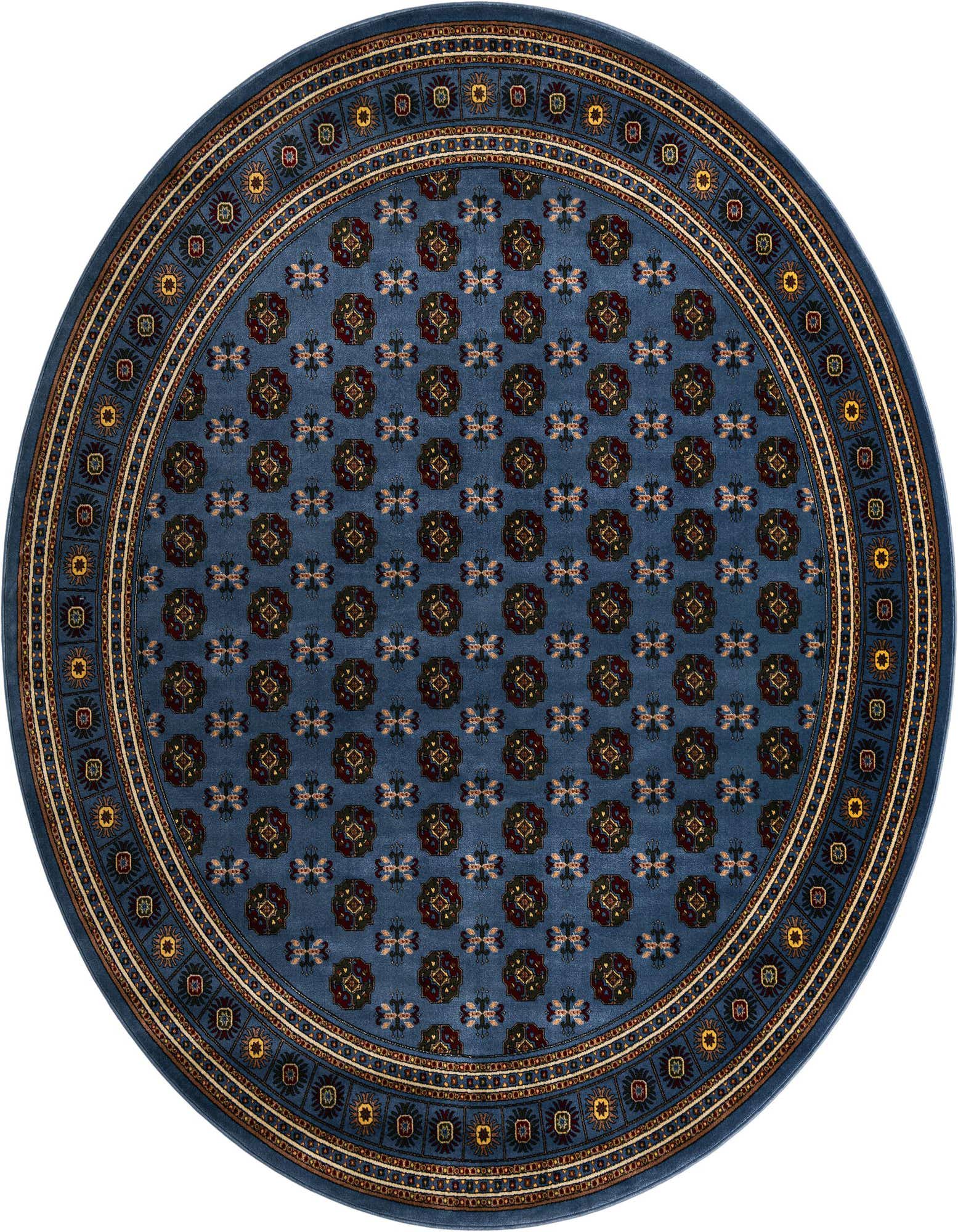 A round 10' blue area rug with a traditional pattern, featuring small red, gold, and light blue motifs, and a detailed border.