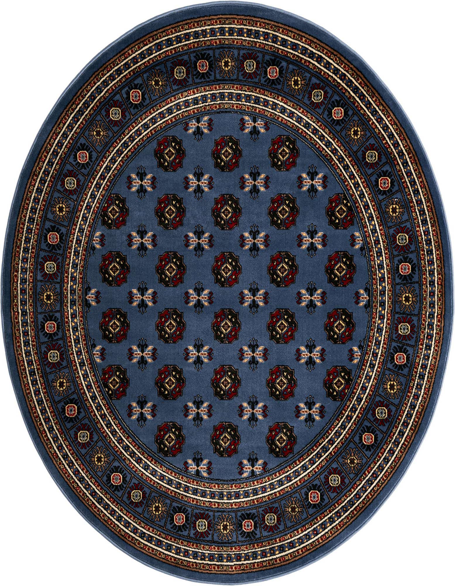 A round blue rug with a traditional medallion pattern and intricate border, ideal for a living room or patio.