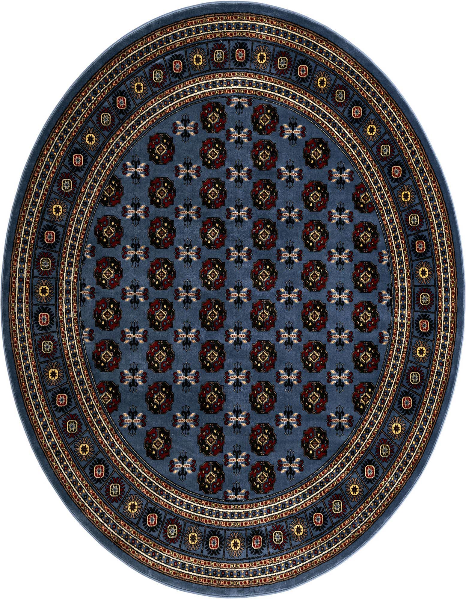 A round blue Bokhara rug with intricate traditional patterns in red, gold, and black, suitable for an indoor space.