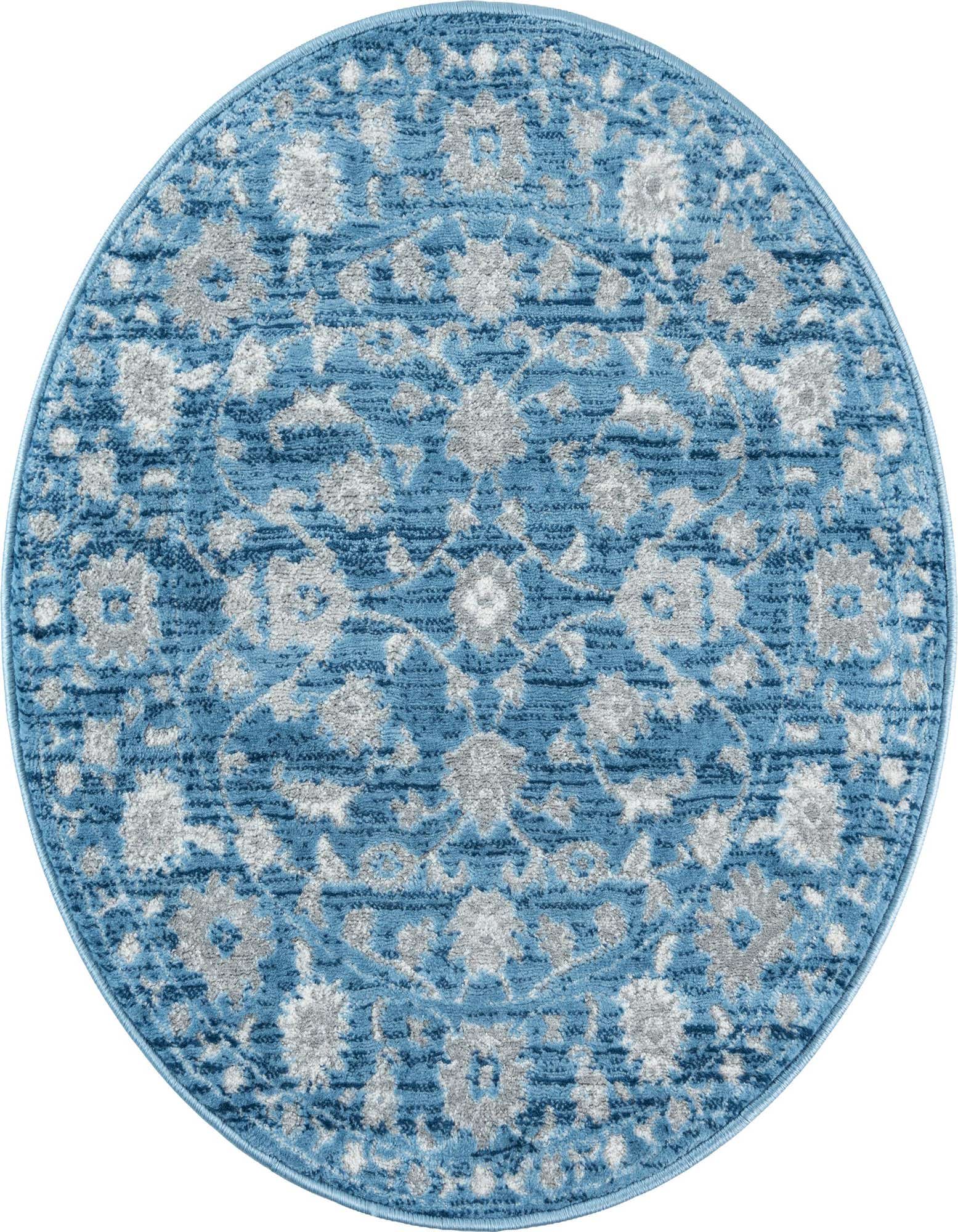 A 3' 3 x 3' 3 round blue area rug with a textured traditional botanical floral pattern in light gray.