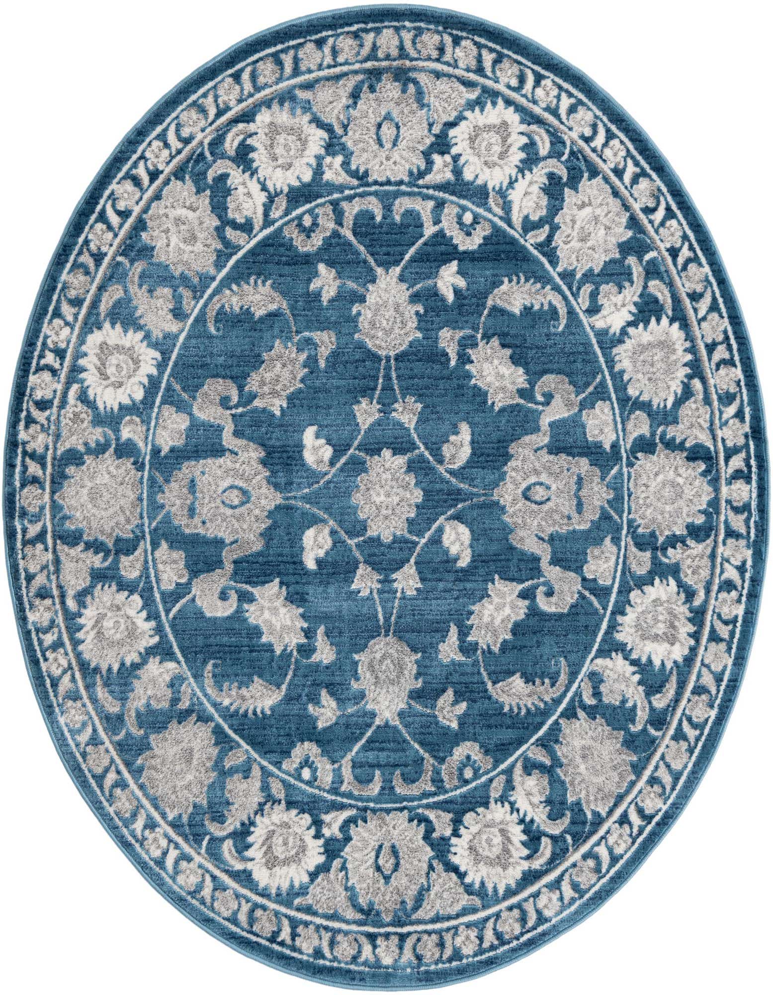 A 6' round blue area rug with an intricate gray and white floral medallion pattern and a decorative border.