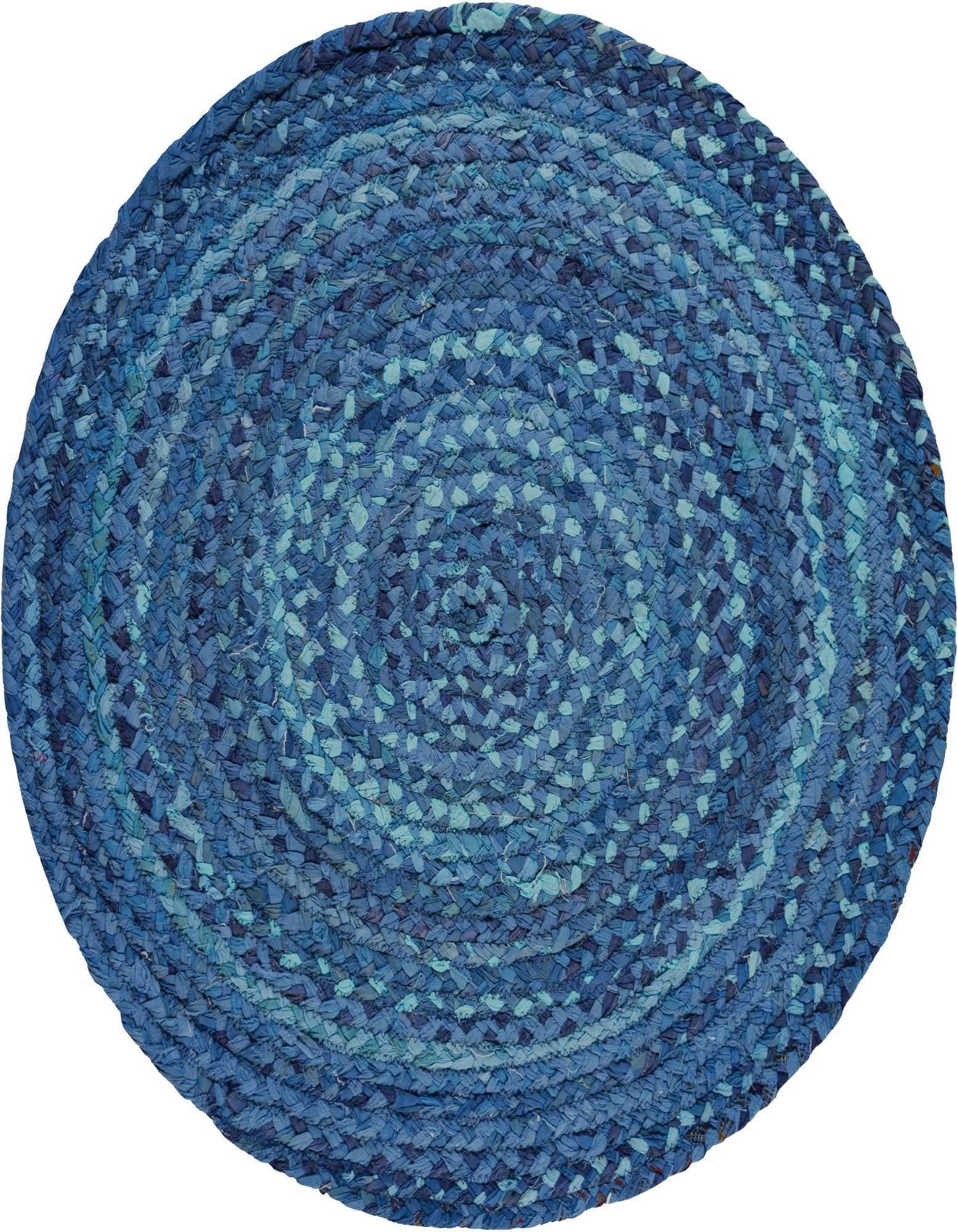 A 3' 3 x 3' 3 round blue braided chindi rug with a textured, spiraling pattern made from recycled cotton.