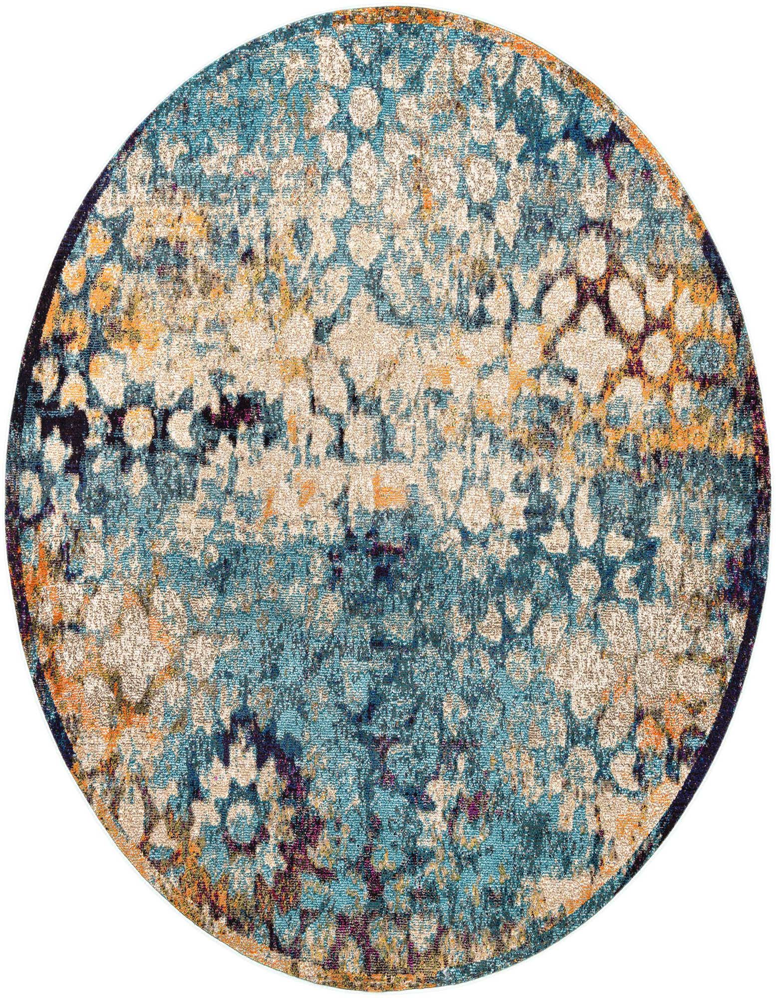 A round 8' blue abstract rug with cream, orange, and purple distressed patterns, suitable for a living room.
