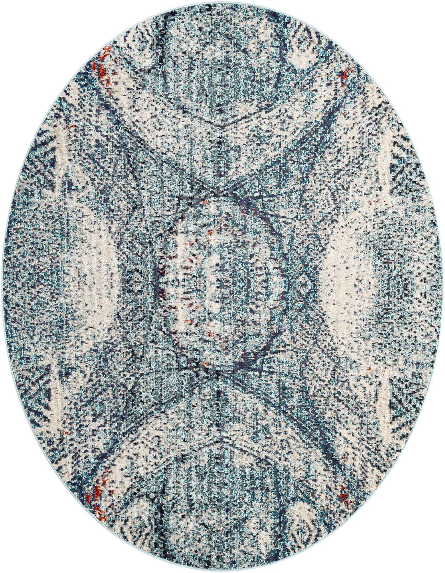 A round 8' blue and white medallion area rug with distressed traditional and modern patterns, featuring subtle red accents.