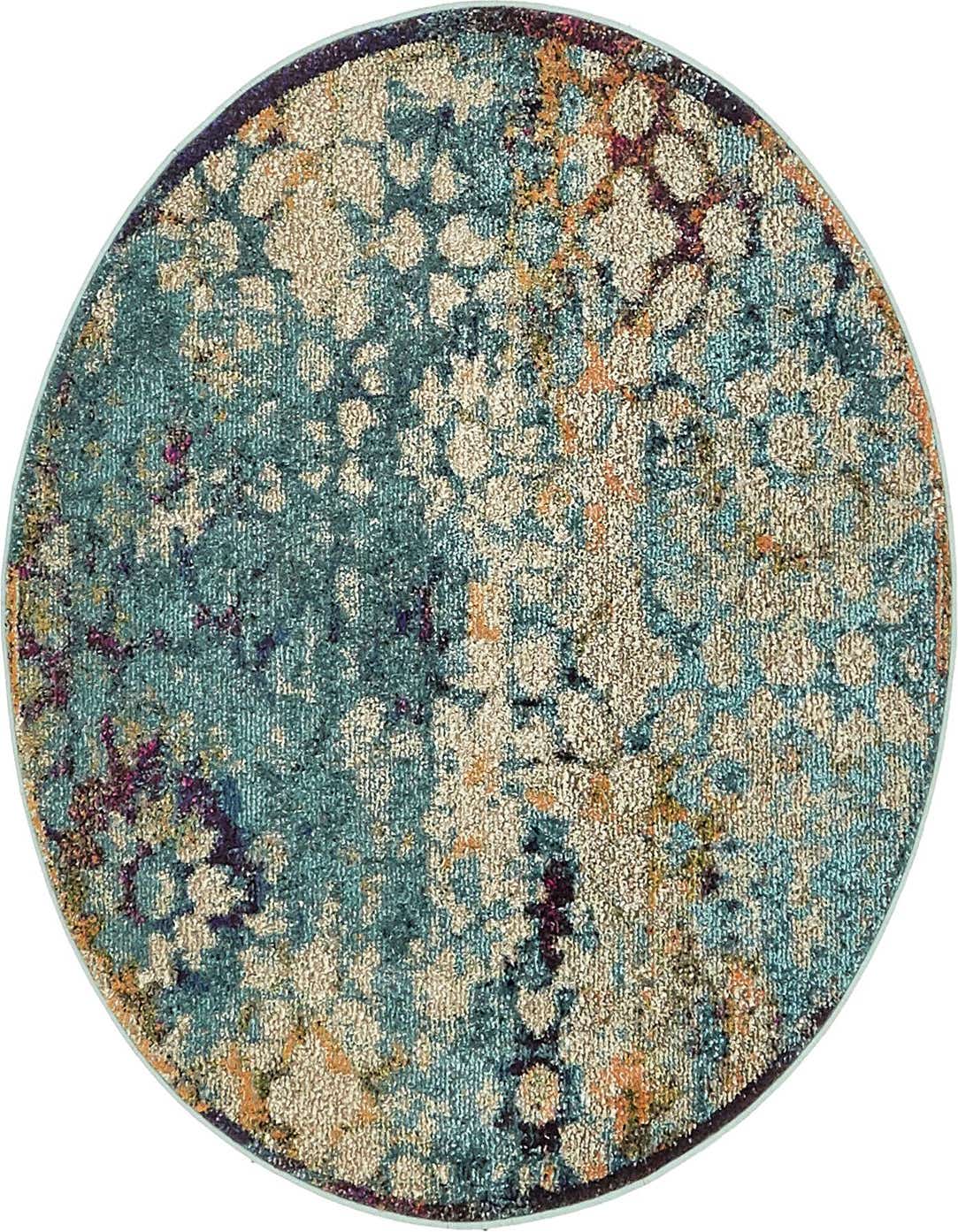 A round 4' blue abstract area rug with mottled beige, orange, and purple accents, showcasing a transitional style.