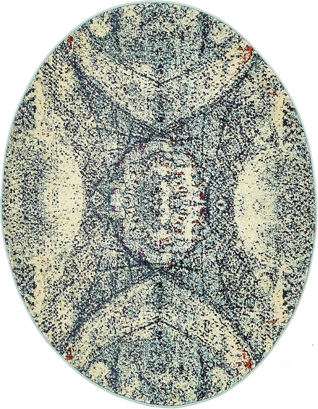 A 4' round blue and cream rug with a distressed medallion pattern, suitable for various indoor rooms.