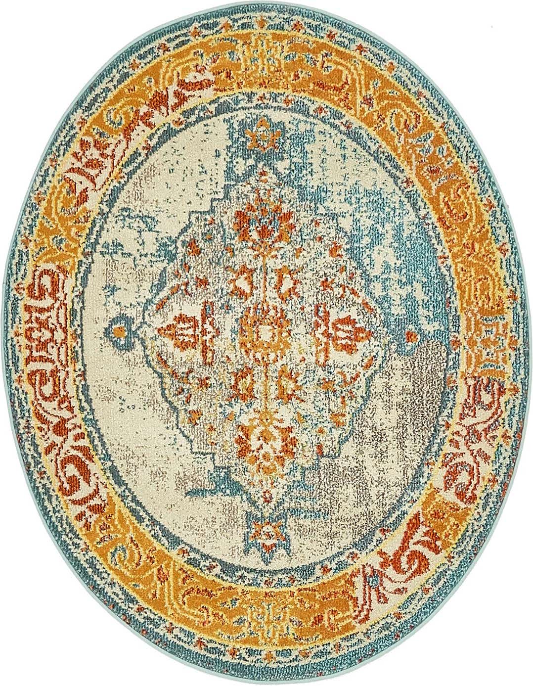 A 4' round blue, orange, and cream medallion rug with a distressed Bohemian and traditional pattern.