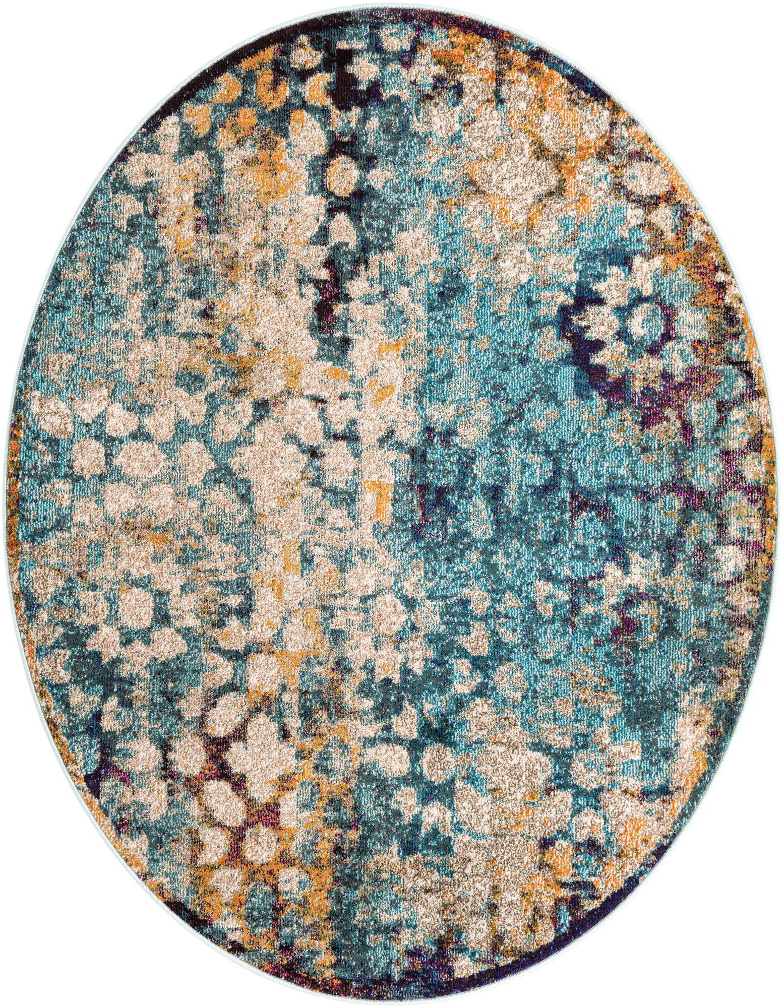 A 6' round blue, beige, and orange abstract rug with a distressed, vintage-inspired pattern, ideal for an indoor living space.
