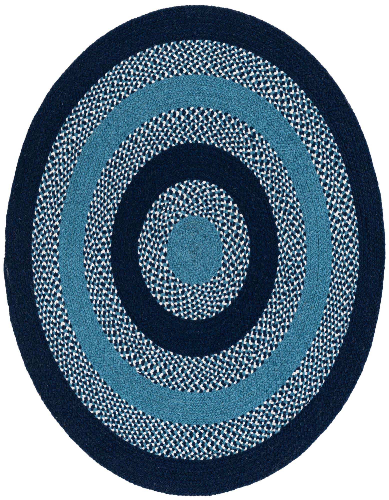 A round Chindi Cotton rug, 3' 7 x 3' 7, featuring concentric circles in varying shades of blue and a blue and white braided pattern.