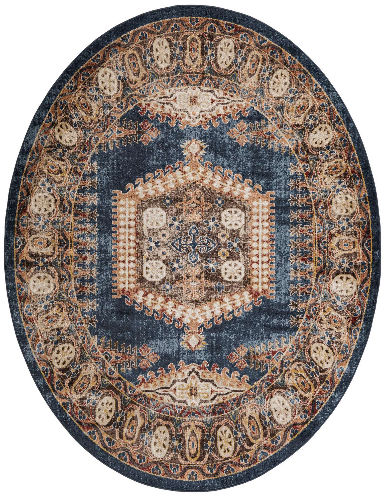 A round 8' blue Bohemian medallion rug with intricate traditional patterns in gold, brown, and red tones.