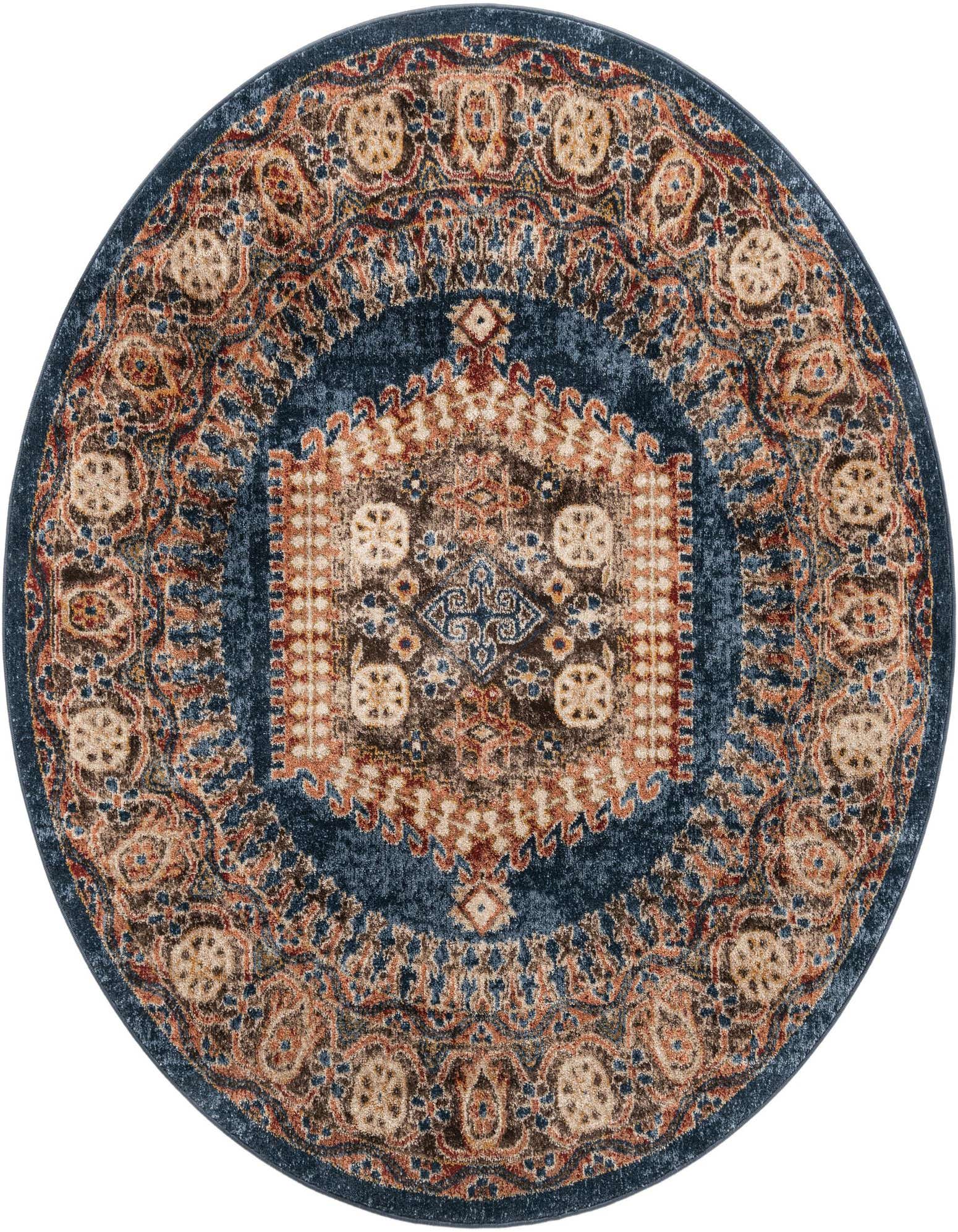 A 3' 3 round blue transitional rug with a detailed medallion pattern in shades of blue, brown, and orange.