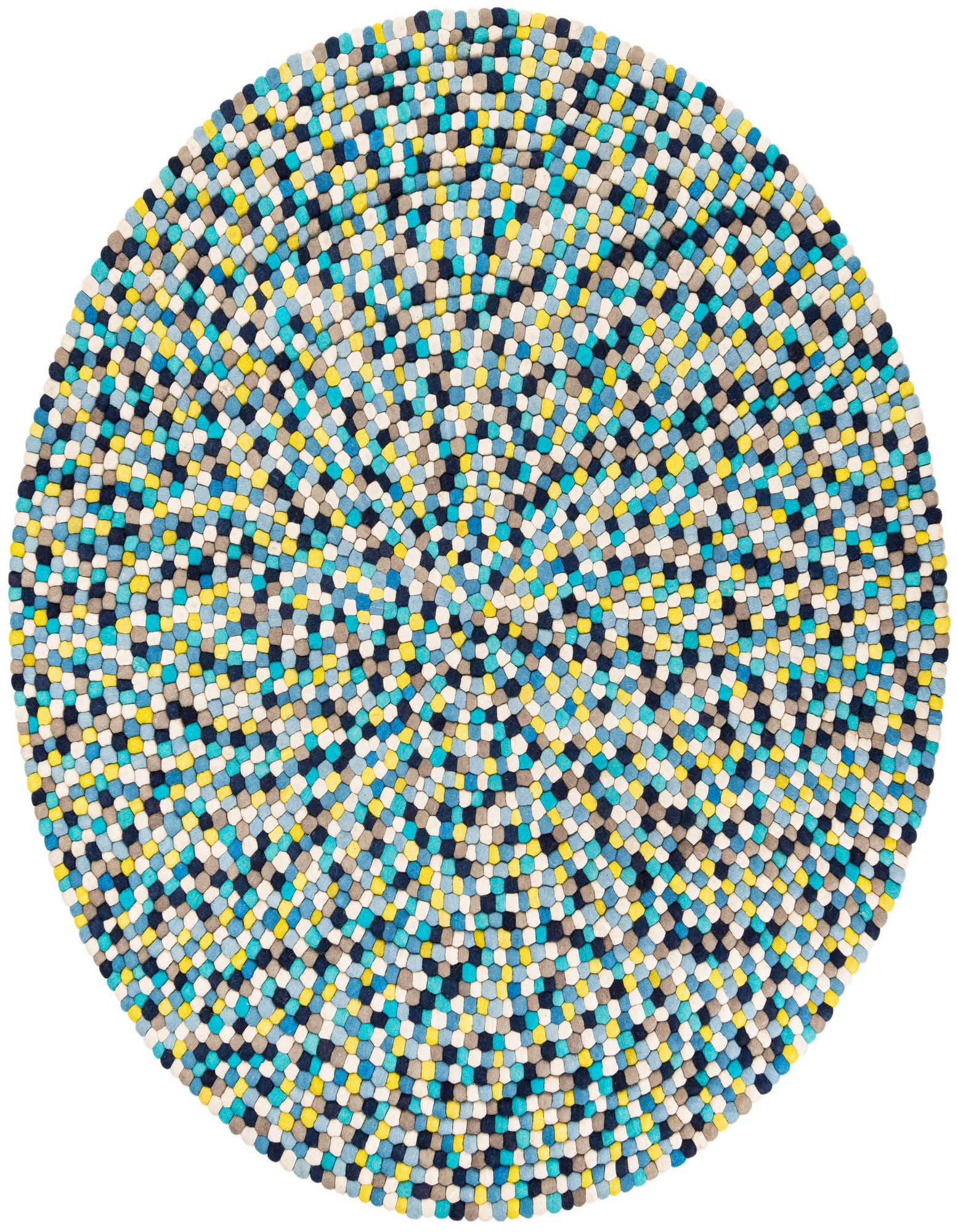 A round, modern 7' 10 x 7' 10 Felt Ball rug from Rugs.com, featuring a vibrant mosaic of blue, yellow, white, and gray wool felt balls, creating a textured, shag surface.