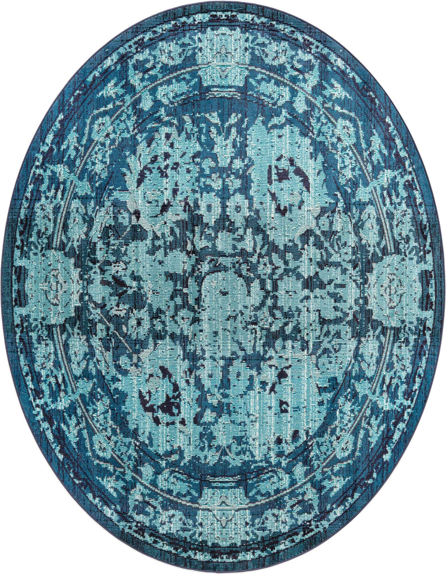 A round 8' blue Bohemian rug from the Rugs.com Fleur collection, featuring a distressed floral pattern.