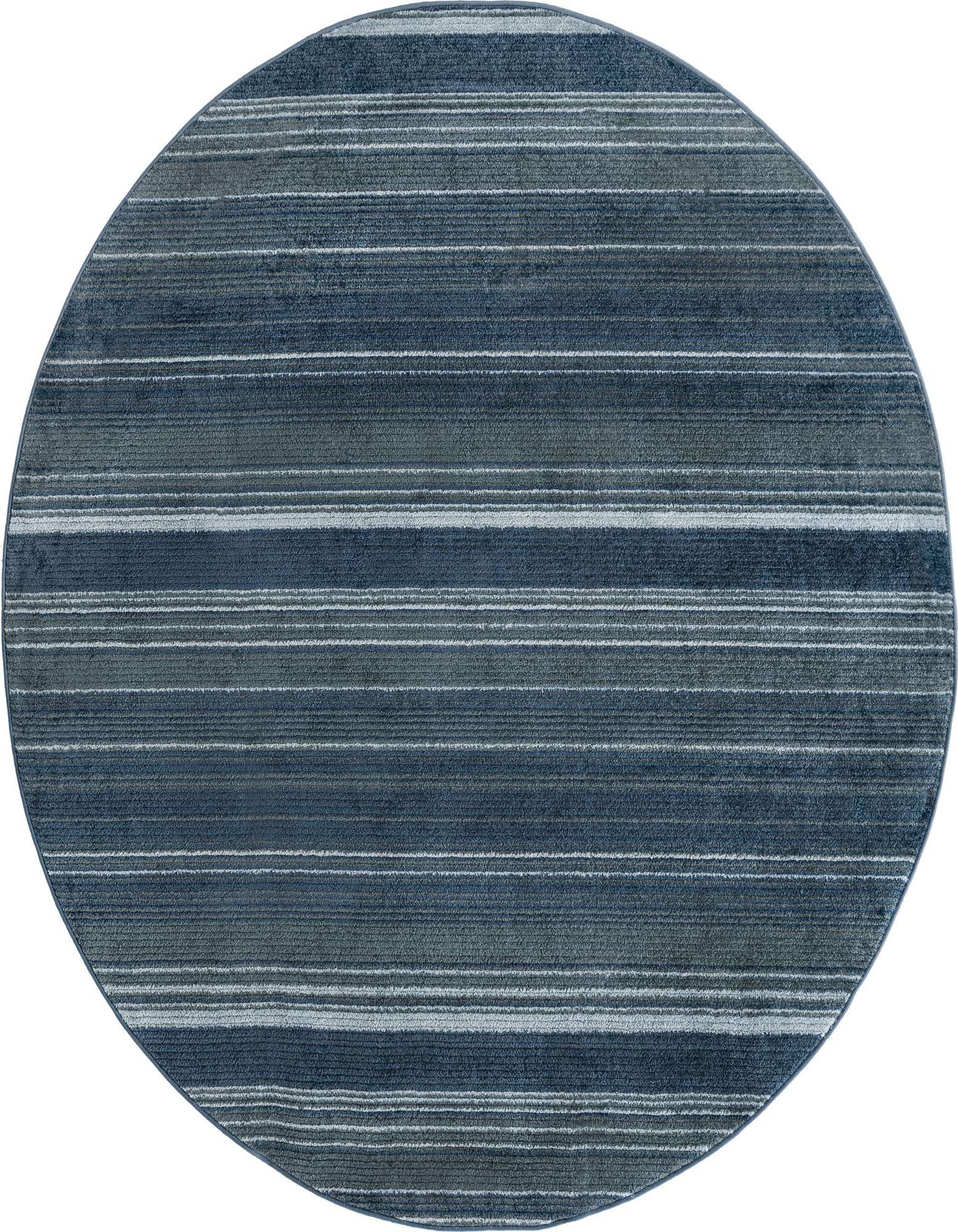 A 7' 3 x 7' 3 round blue polypropylene rug from the Gemstone Collection featuring a modern striped pattern with varying shades of blue and subtle texture.