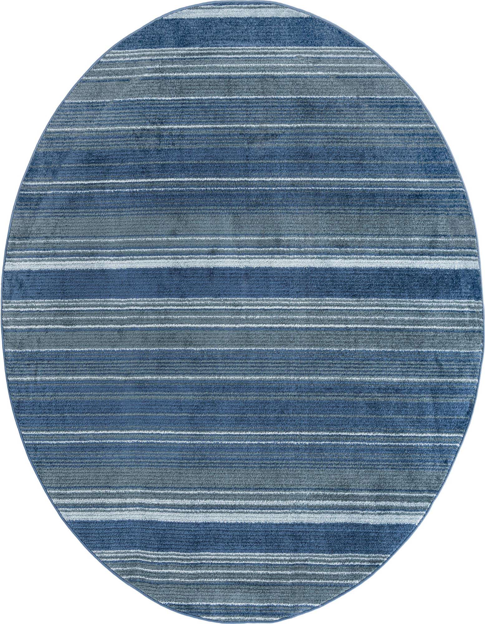 A 10' 2 x 10' 2 round blue rug featuring a modern striped pattern in varying shades of blue and gray.