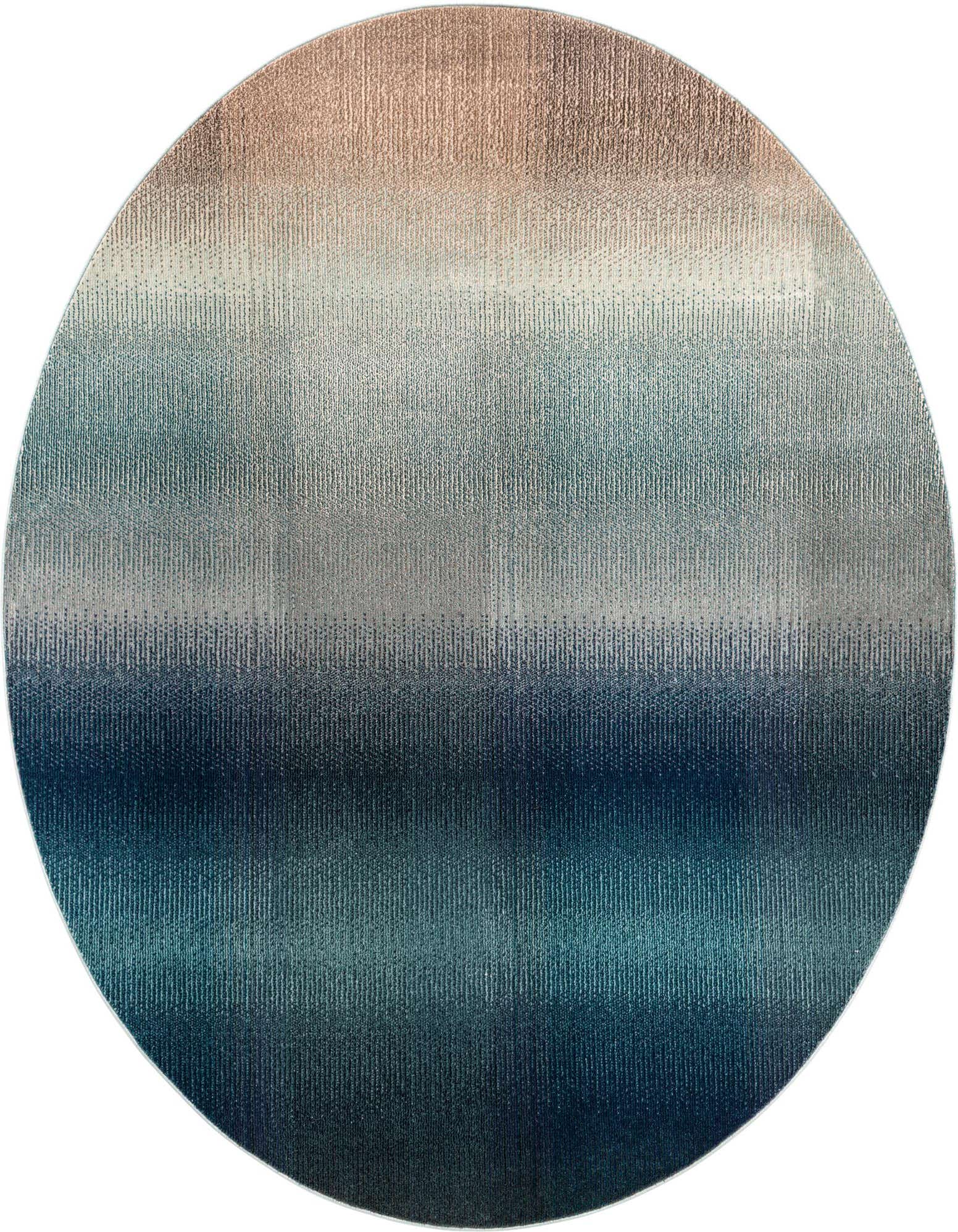 Round 8' blue coastal rug with an abstract ombre design, transitioning from light peach to deep navy blue.