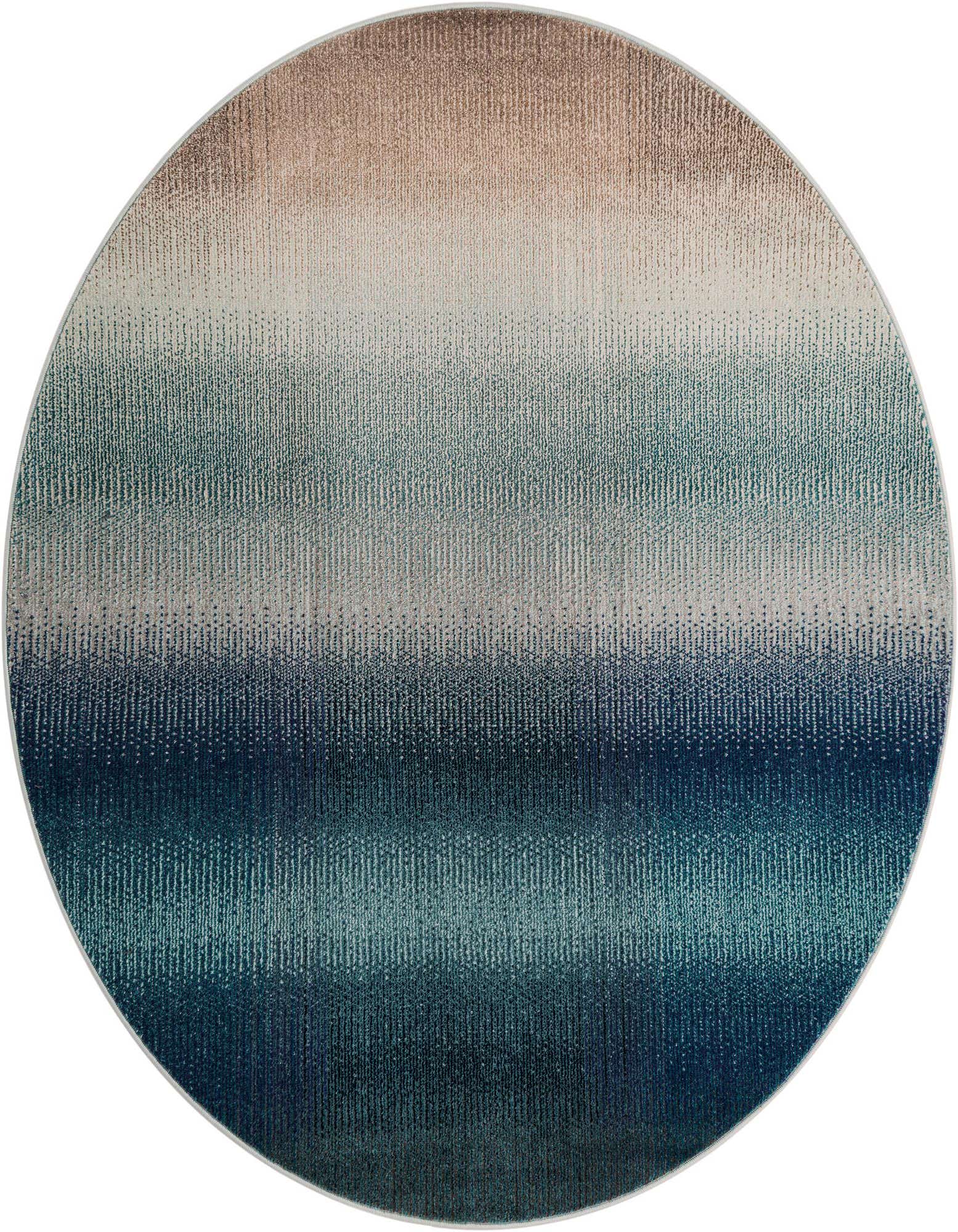 A round 6' blue coastal rug with an abstract gradient pattern, transitioning from light beige to deep blues.