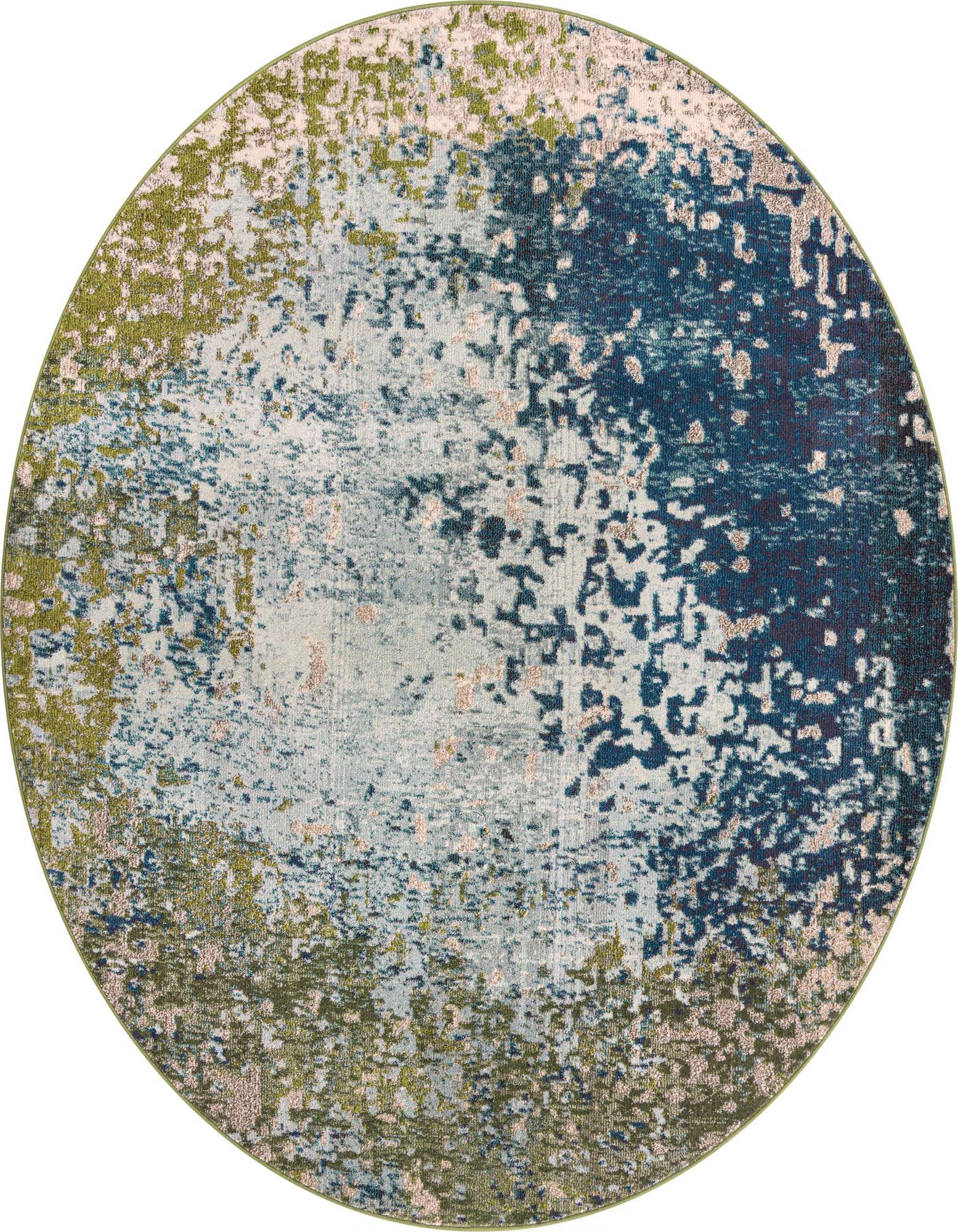 A round 8' blue, green, and cream abstract rug with a vintage modern design, suitable for indoor spaces.