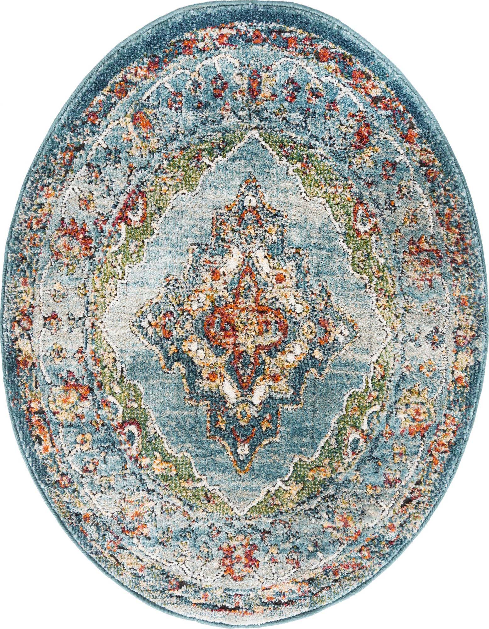A 3' 3 x 3' 3 round Isabella rug featuring a traditional blue medallion pattern with accents of orange, green, and cream.