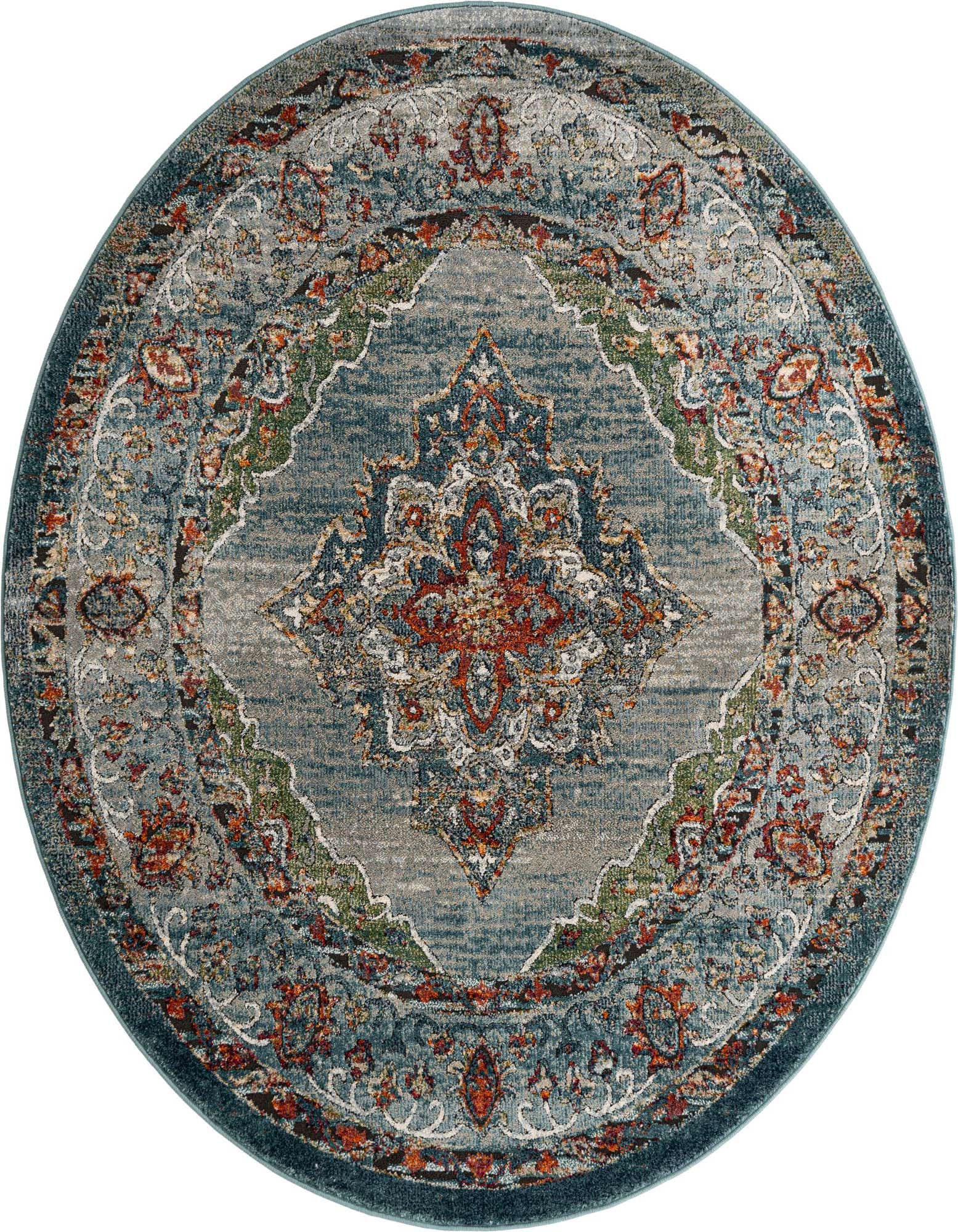 A 6' round Isabella rug featuring a traditional medallion pattern in shades of blue, orange, and green.