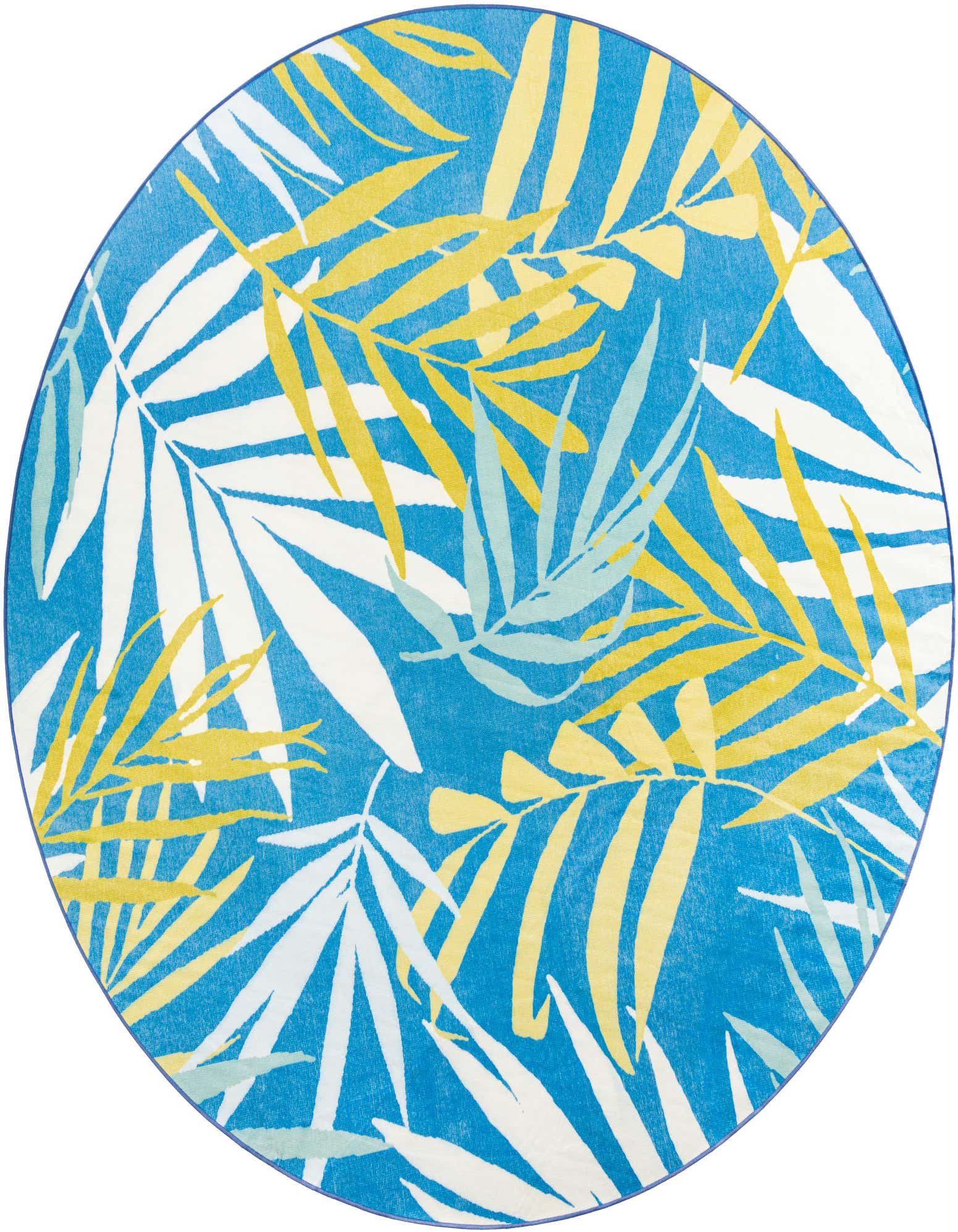 A round blue rug with a vibrant tropical pattern of yellow, white, and light blue palm leaves, suitable for a patio.